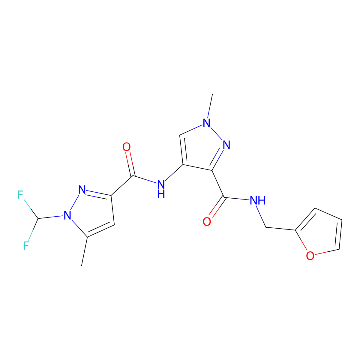 4-({[1-(difluoromethyl)-5-methyl-1H-pyrazol-3-yl]carbonyl}amino)-N-(furan-2-ylmethyl)-1-methyl-1H-pyrazole-3-carboxamide molecular structure, CAS 1005633-54-4