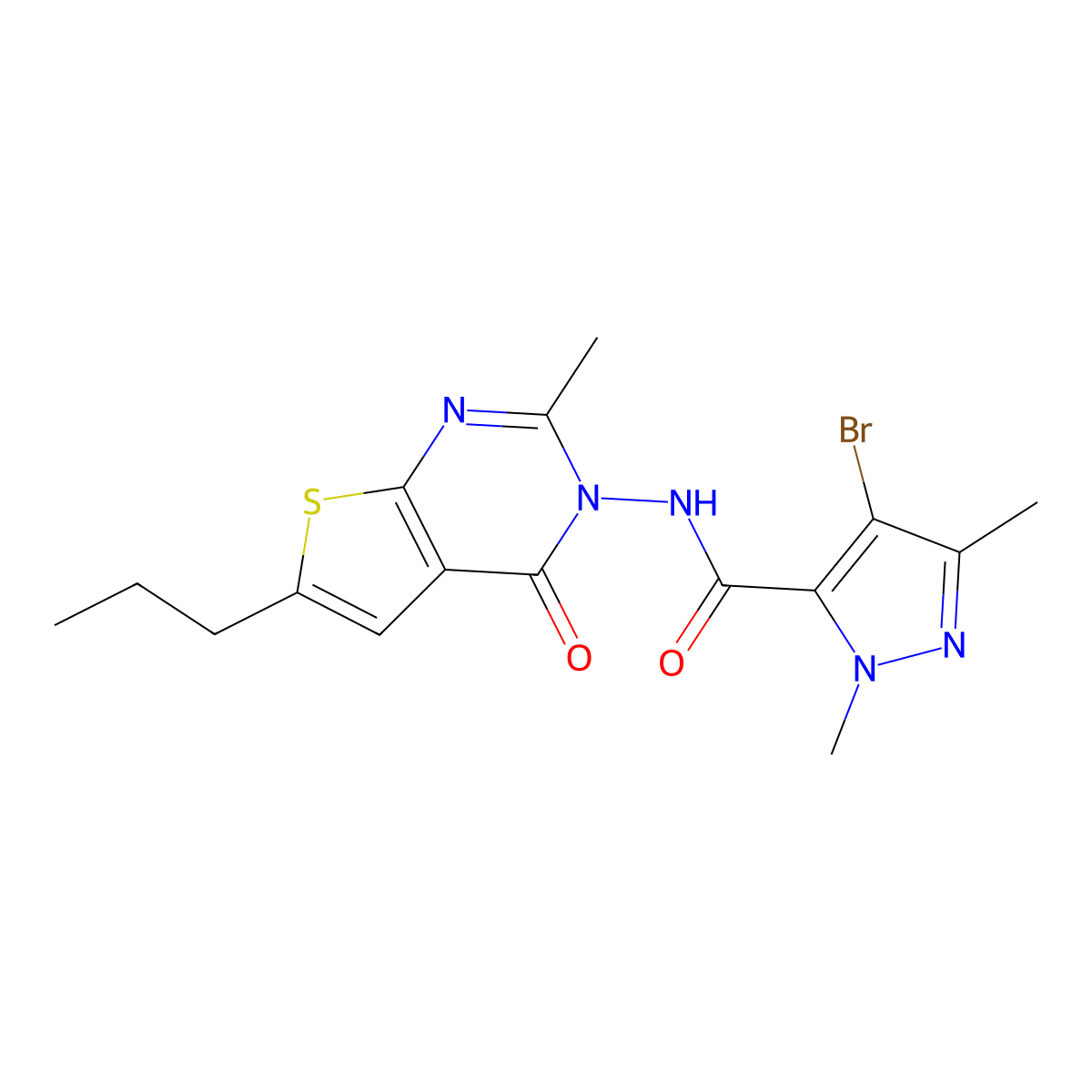 4-Bromo-1,3-dimethyl-N-[2-methyl-4-oxo-6-propylthieno[2,3-D]pyrimidin-3(4H)-YL]-1H-pyrazole-5-carboxamide molecular structure, CAS 1005633-58-8