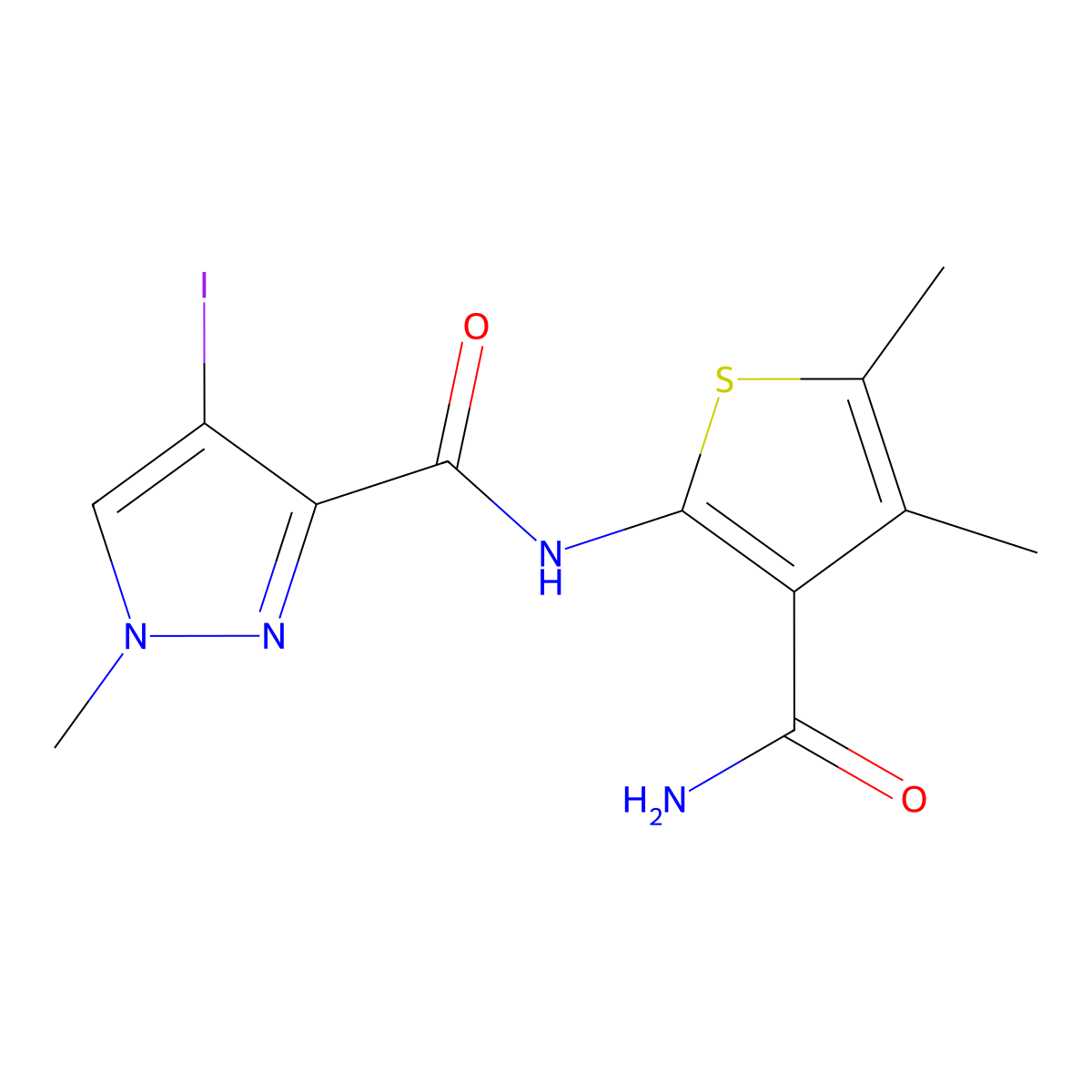 N-(3-carbamoyl-4,5-dimethylthiophen-2-yl)-4-iodo-1-methylpyrazole-3-carboxamide molecular structure, CAS 1005633-64-6