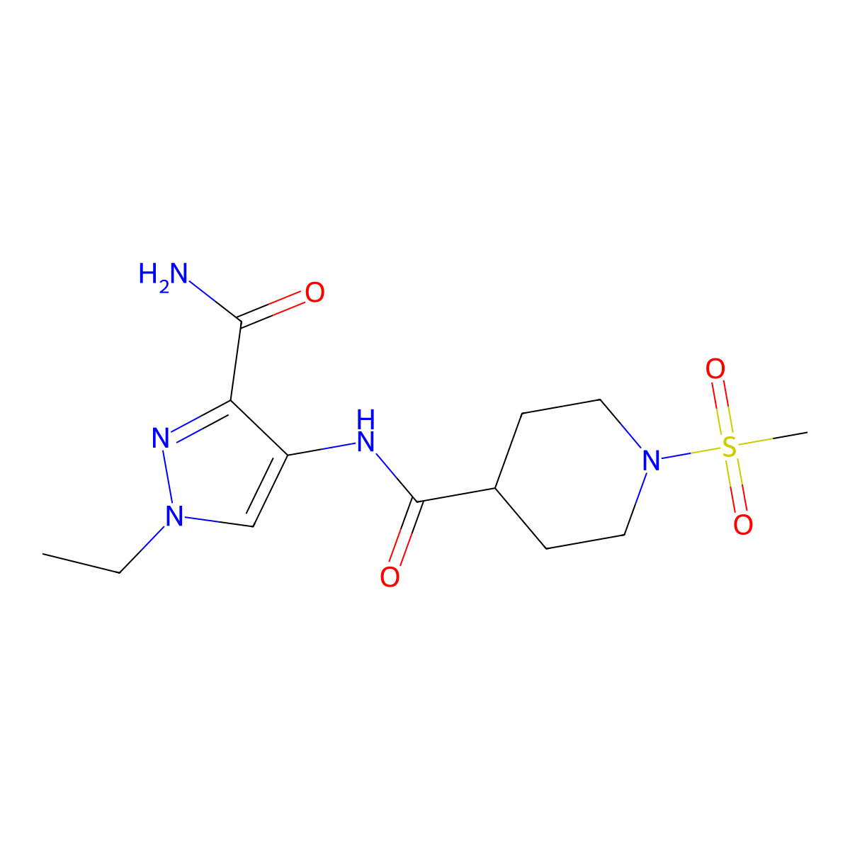 N-(3-carbamoyl-1-ethyl-1H-pyrazol-4-yl)-1-(methylsulfonyl)piperidine-4-carboxamide molecular structure, CAS 1005633-96-4