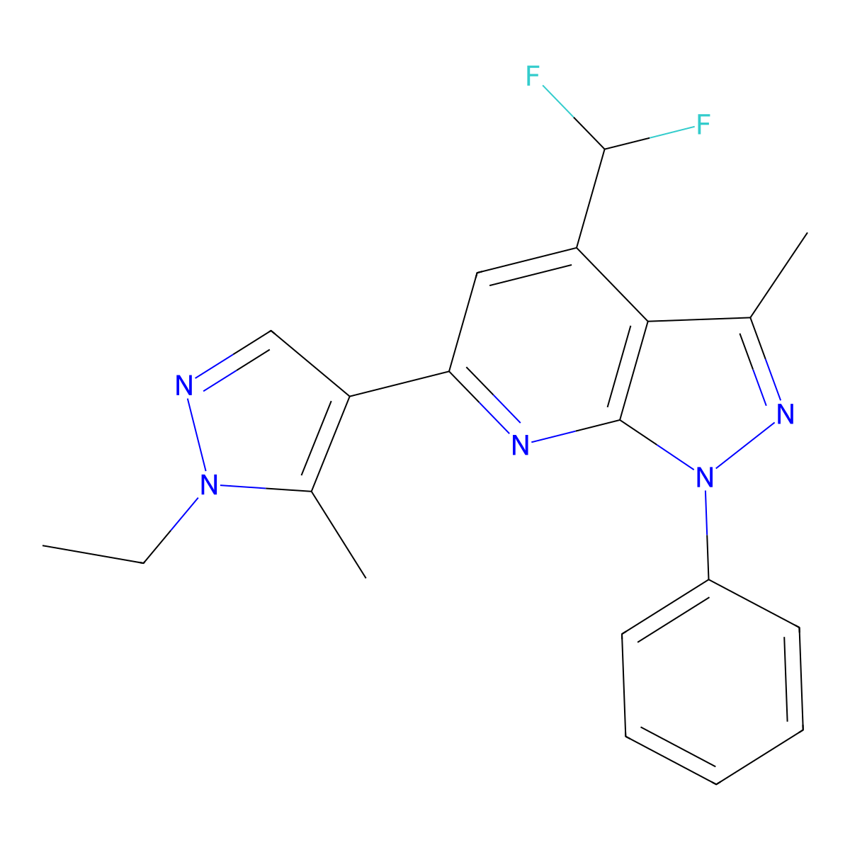 4-(difluoromethyl)-6-(1-ethyl-5-methyl-1H-pyrazol-4-yl)-3-methyl-1-phenyl-1H-pyrazolo[3,4-b]pyridine molecular structure, CAS 1005634-08-1