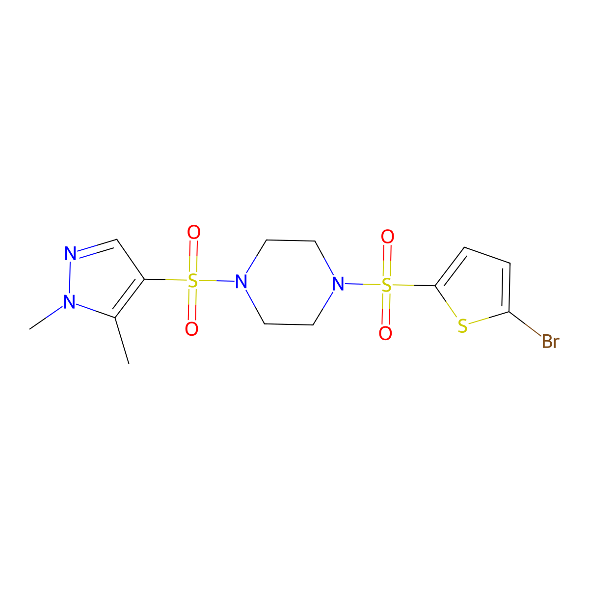 1-[(5-bromothiophen-2-yl)sulfonyl]-4-[(1,5-dimethyl-1H-pyrazol-4-yl)sulfonyl]piperazine molecular structure, CAS 1005634-09-2
