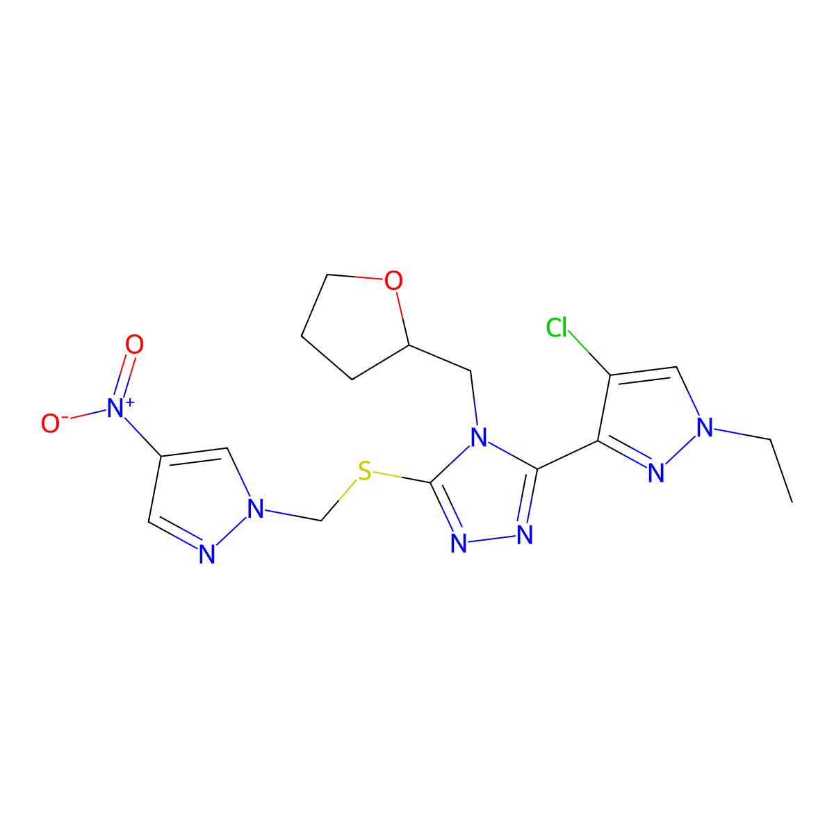 3-(4-Chloro-1-ethylpyrazol-3-yl)-5-[(4-nitropyrazol-1-yl)methylsulfanyl]-4-(oxolan-2-ylmethyl)-1,2,4-triazole molecular structure, CAS 1005634-27-4