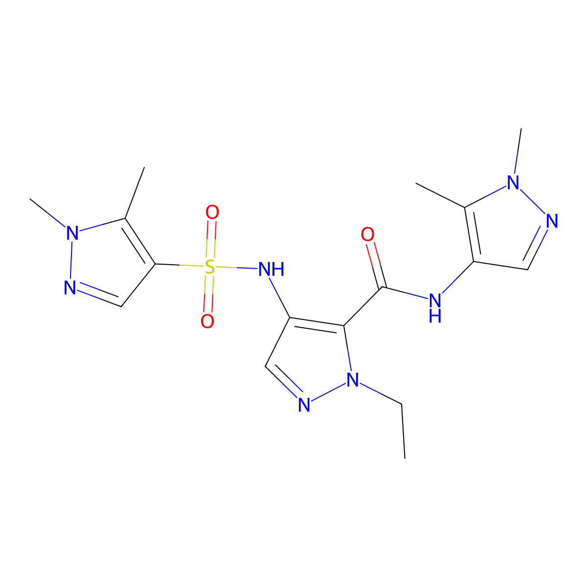 N-(1,5-dimethyl-1H-pyrazol-4-yl)-4-{[(1,5-dimethyl-1H-pyrazol-4-yl)sulfonyl]amino}-1-ethyl-1H-pyrazole-5-carboxamide molecular structure, CAS 1005634-46-7