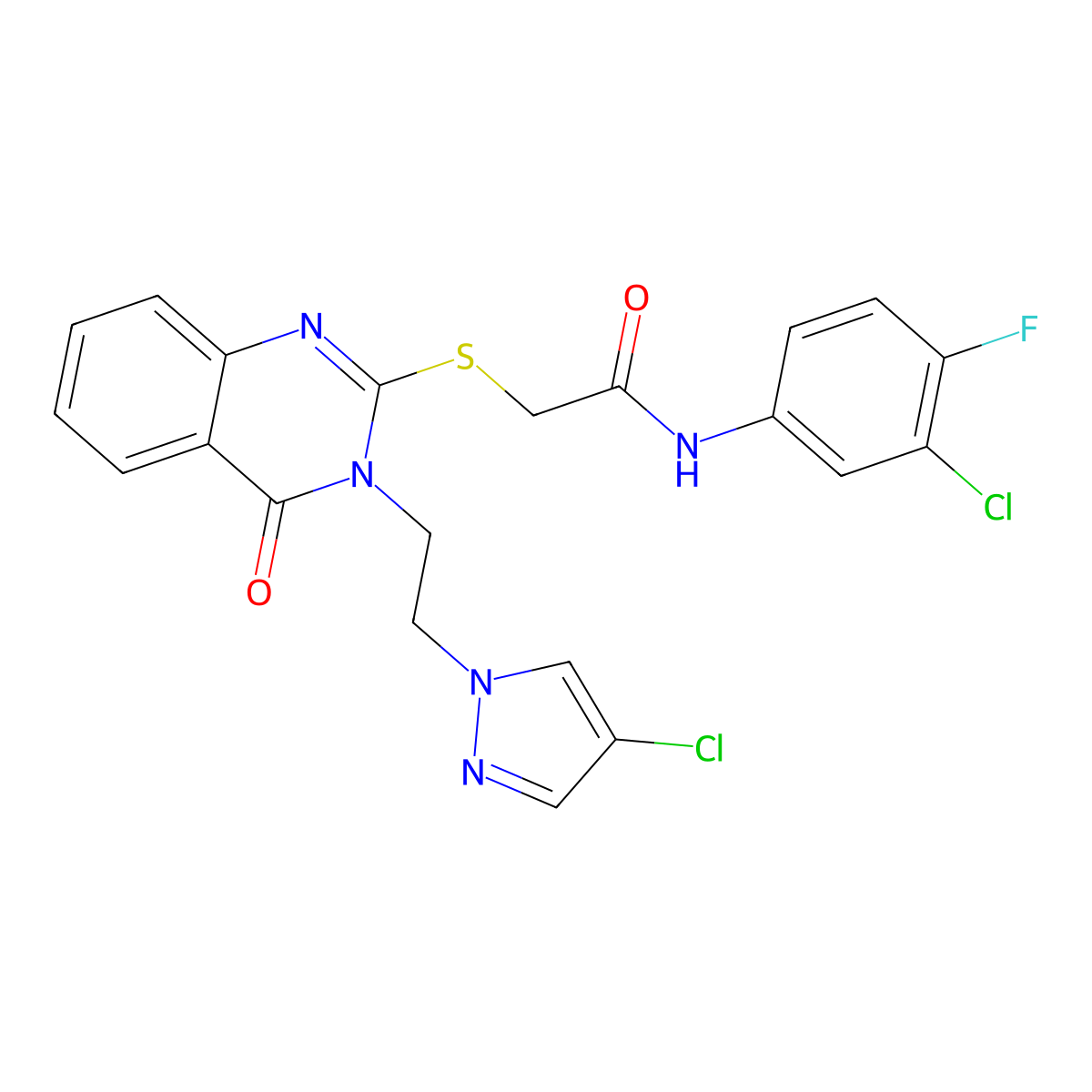 N-(3-chloro-4-fluorophenyl)-2-({3-[2-(4-chloro-1H-pyrazol-1-yl)ethyl]-4-oxo-3,4-dihydroquinazolin-2-yl}sulfanyl)acetamide molecular structure, CAS 1005634-59-2