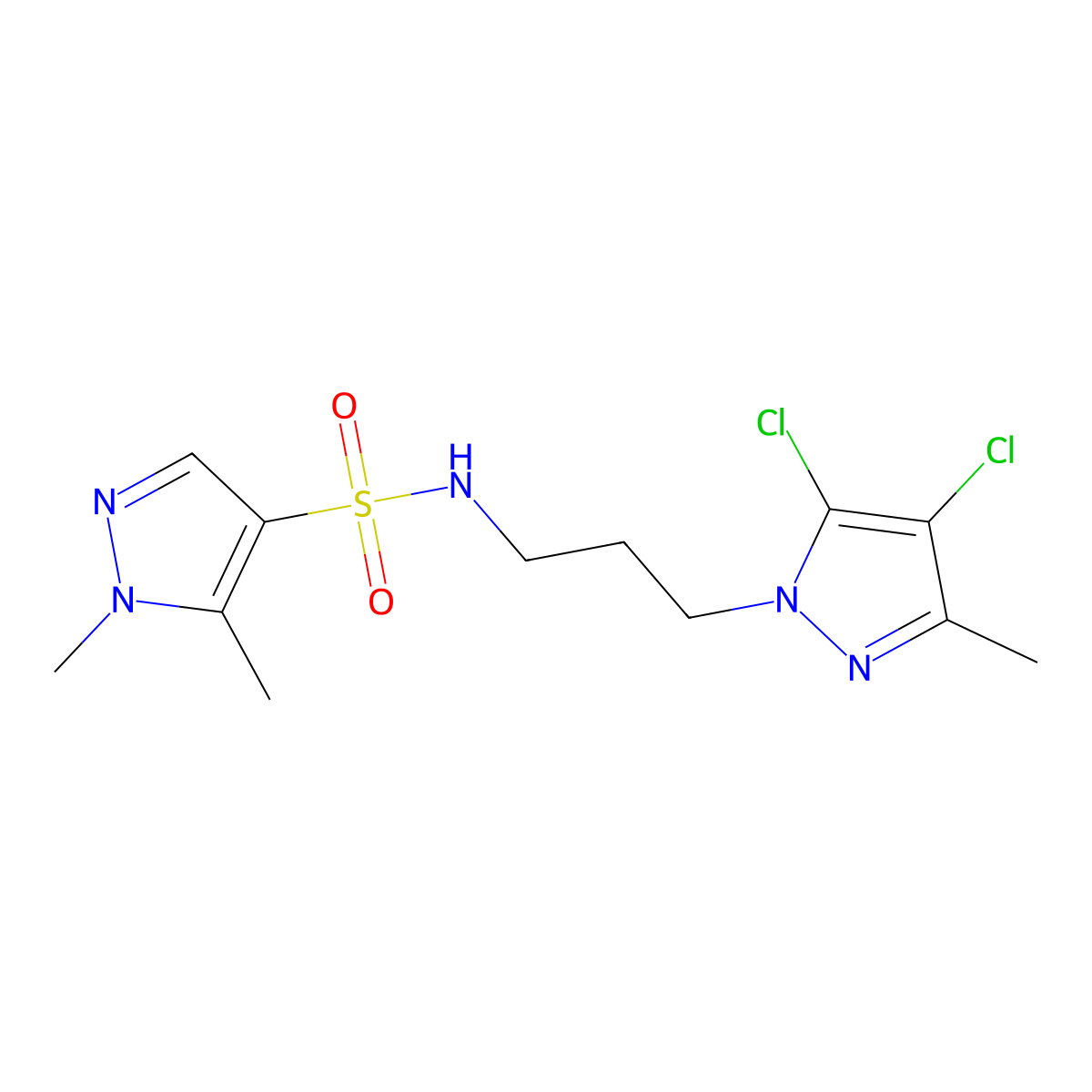 N-[3-(4,5-dichloro-3-methyl-1H-pyrazol-1-yl)propyl]-1,5-dimethyl-1H-pyrazole-4-sulfonamide molecular structure, CAS 1005634-76-3