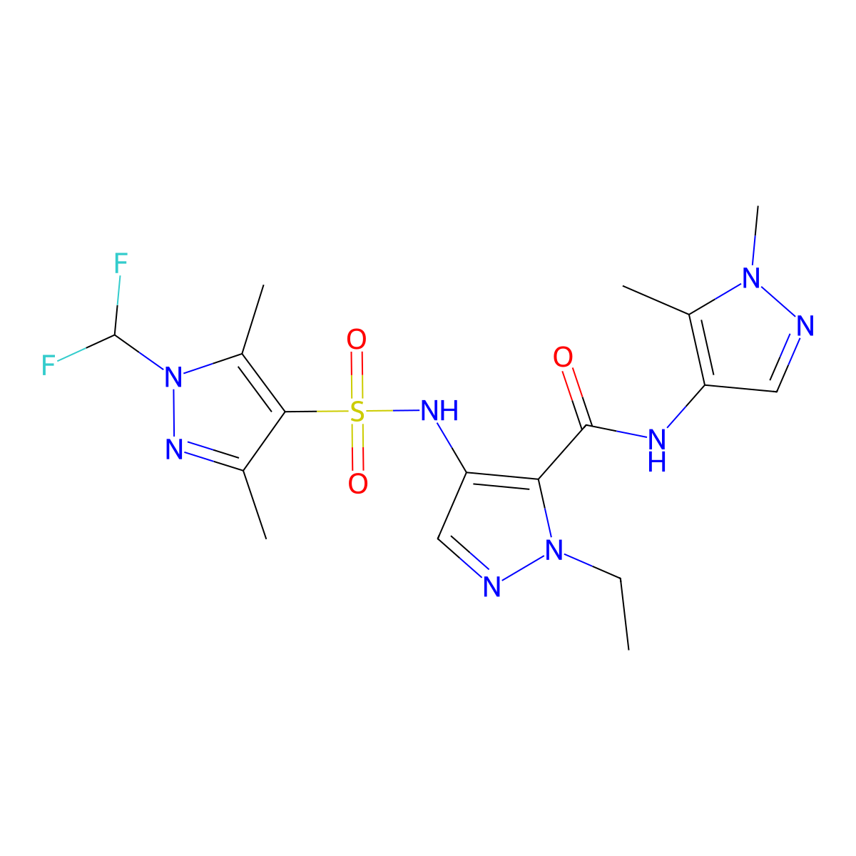 4-({[1-(difluoromethyl)-3,5-dimethyl-1H-pyrazol-4-yl]sulfonyl}amino)-N-(1,5-dimethyl-1H-pyrazol-4-yl)-1-ethyl-1H-pyrazole-5-carboxamide molecular structure, CAS 1005634-86-5