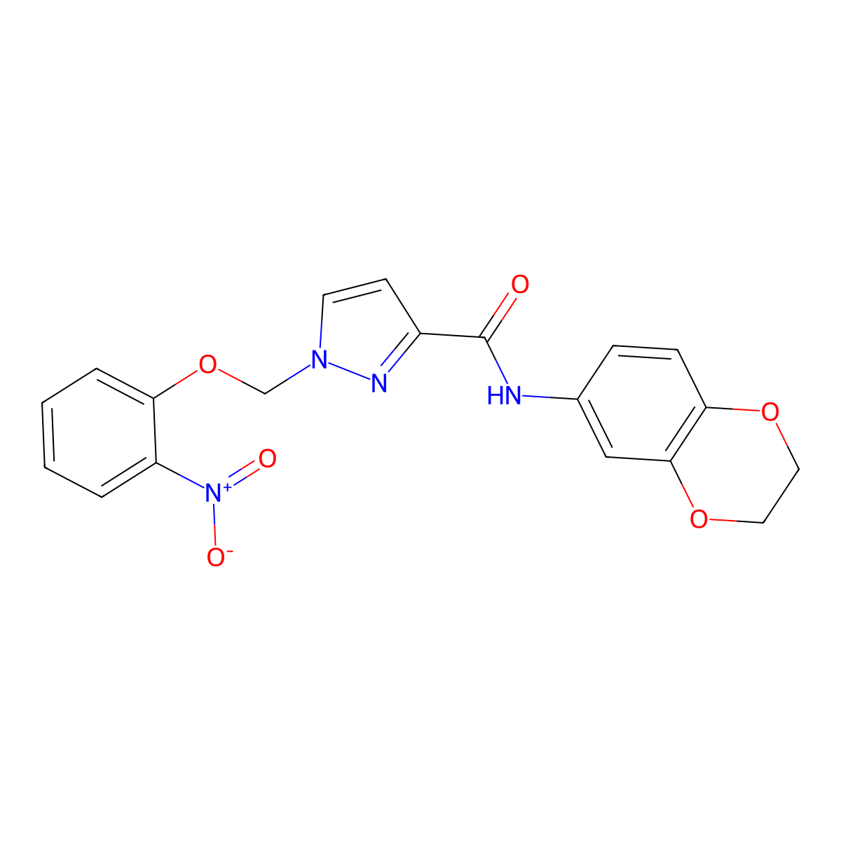 N-(2,3-dihydro-1,4-benzodioxin-6-yl)-1-[(2-nitrophenoxy)methyl]pyrazole-3-carboxamide molecular structure, CAS 1005635-06-2