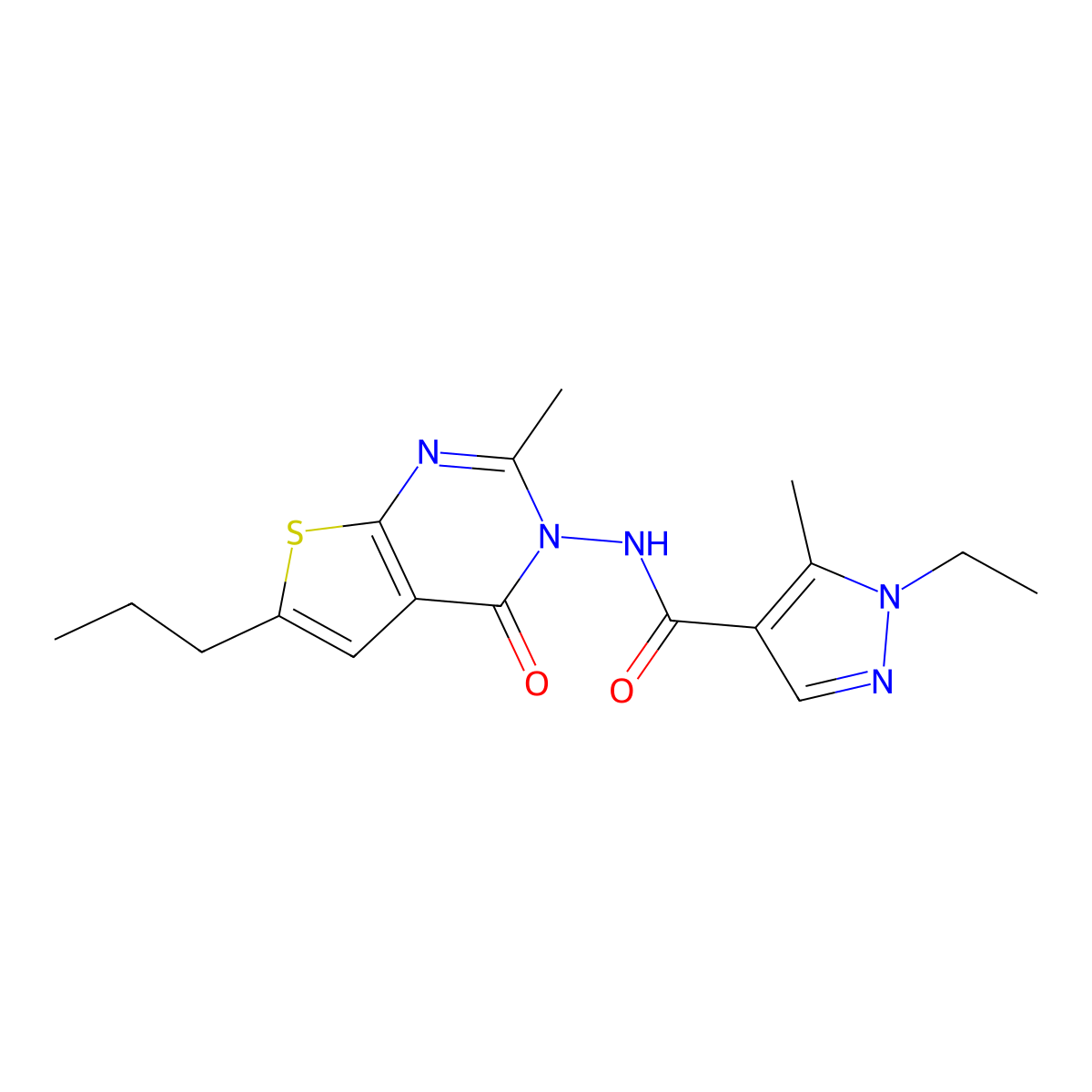1-ethyl-5-methyl-N-(2-methyl-4-oxo-6-propylthieno[2,3-d]pyrimidin-3-yl)pyrazole-4-carboxamide molecular structure, CAS 1005635-25-5