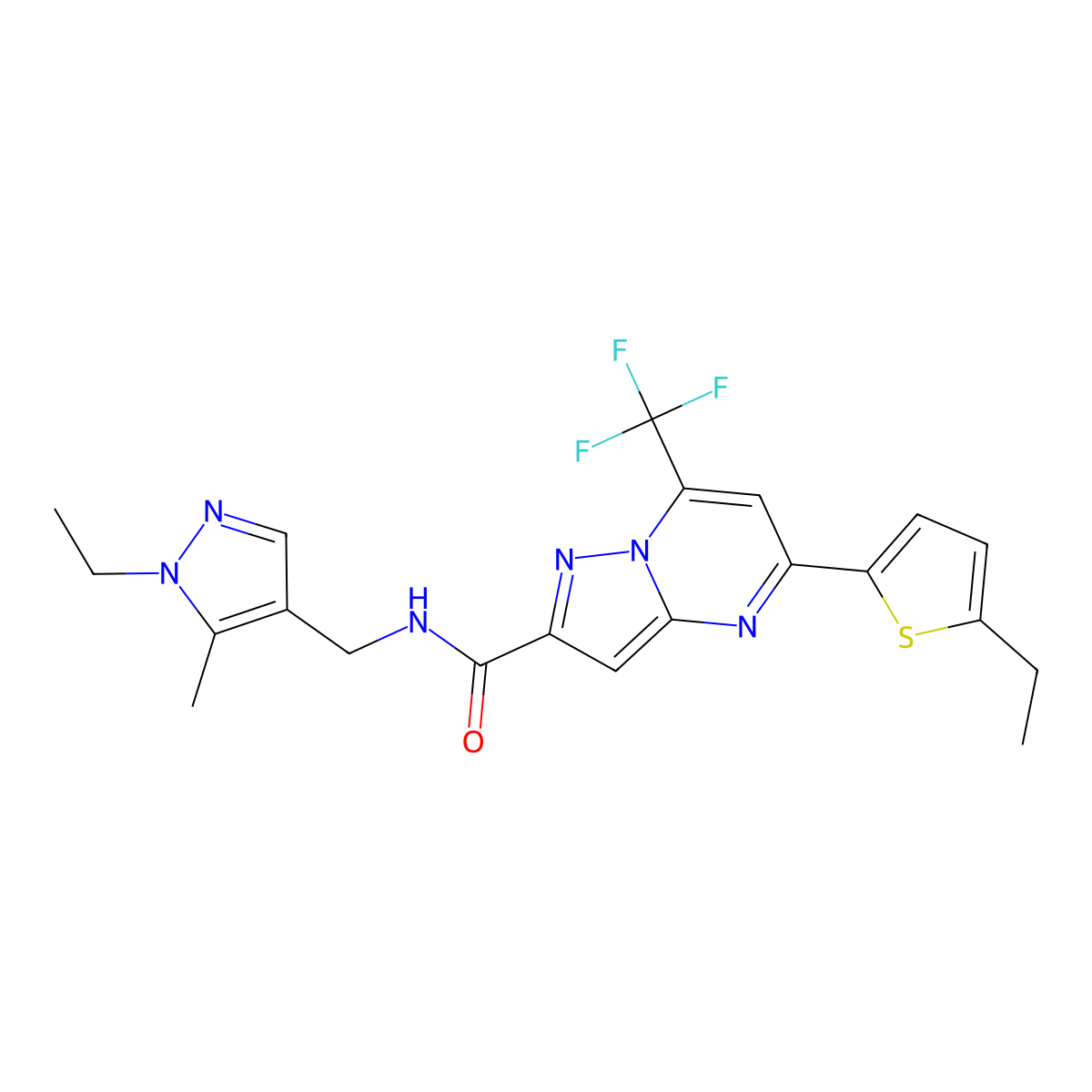 N-[(1-ethyl-5-methyl-1H-pyrazol-4-yl)methyl]-5-(5-ethylthiophen-2-yl)-7-(trifluoromethyl)pyrazolo[1,5-a]pyrimidine-2-carboxamide molecular structure, CAS 1005635-96-0