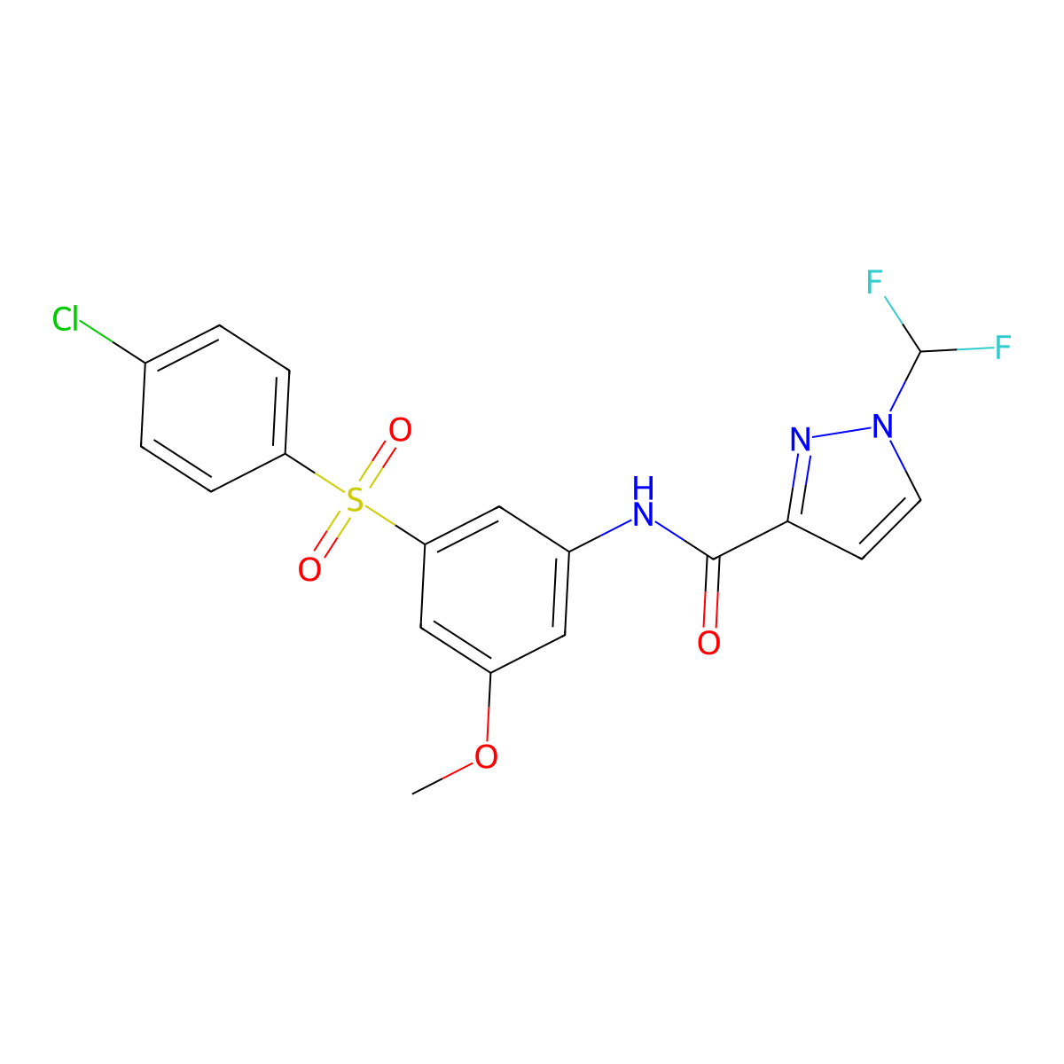 N-[3-(4-chlorophenyl)sulfonyl-5-methoxyphenyl]-1-(difluoromethyl)pyrazole-3-carboxamide molecular structure, CAS 1005636-12-3
