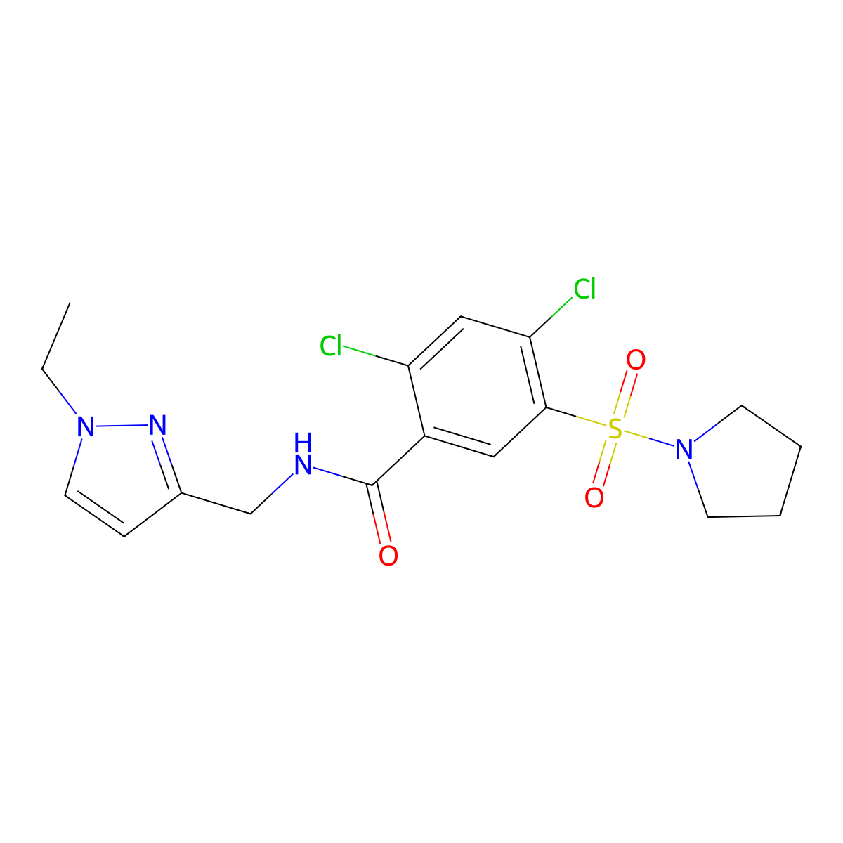 2,4-dichloro-N-[(1-ethylpyrazol-3-yl)methyl]-5-pyrrolidin-1-ylsulfonylbenzamide molecular structure, CAS 1005636-34-9