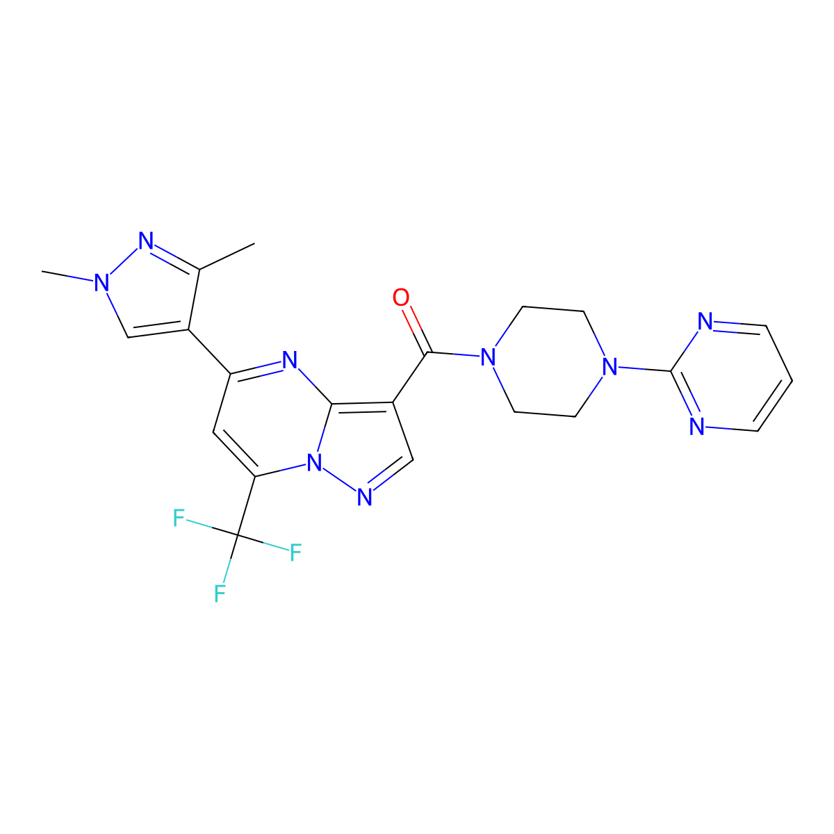[5-(1,3-dimethyl-1H-pyrazol-4-yl)-7-(trifluoromethyl)pyrazolo[1,5-a]pyrimidin-3-yl][4-(pyrimidin-2-yl)piperazin-1-yl]methanone molecular structure, CAS 1005636-44-1