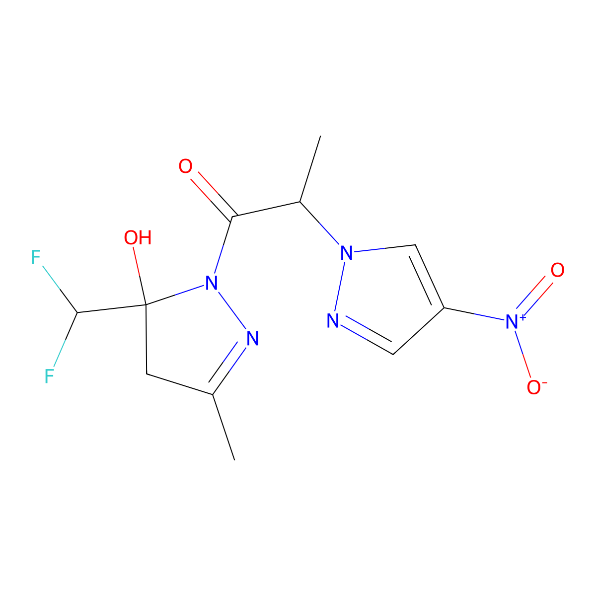 1-[5-(difluoromethyl)-5-hydroxy-3-methyl-4,5-dihydro-1H-pyrazol-1-yl]-2-(4-nitro-1H-pyrazol-1-yl)propan-1-one molecular structure, CAS 1005636-45-2