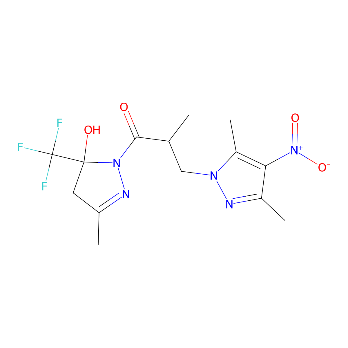3-(3,5-dimethyl-4-nitropyrazol-1-yl)-1-[5-hydroxy-3-methyl-5-(trifluoromethyl)-4H-pyrazol-1-yl]-2-methylpropan-1-one molecular structure, CAS 1005636-69-0