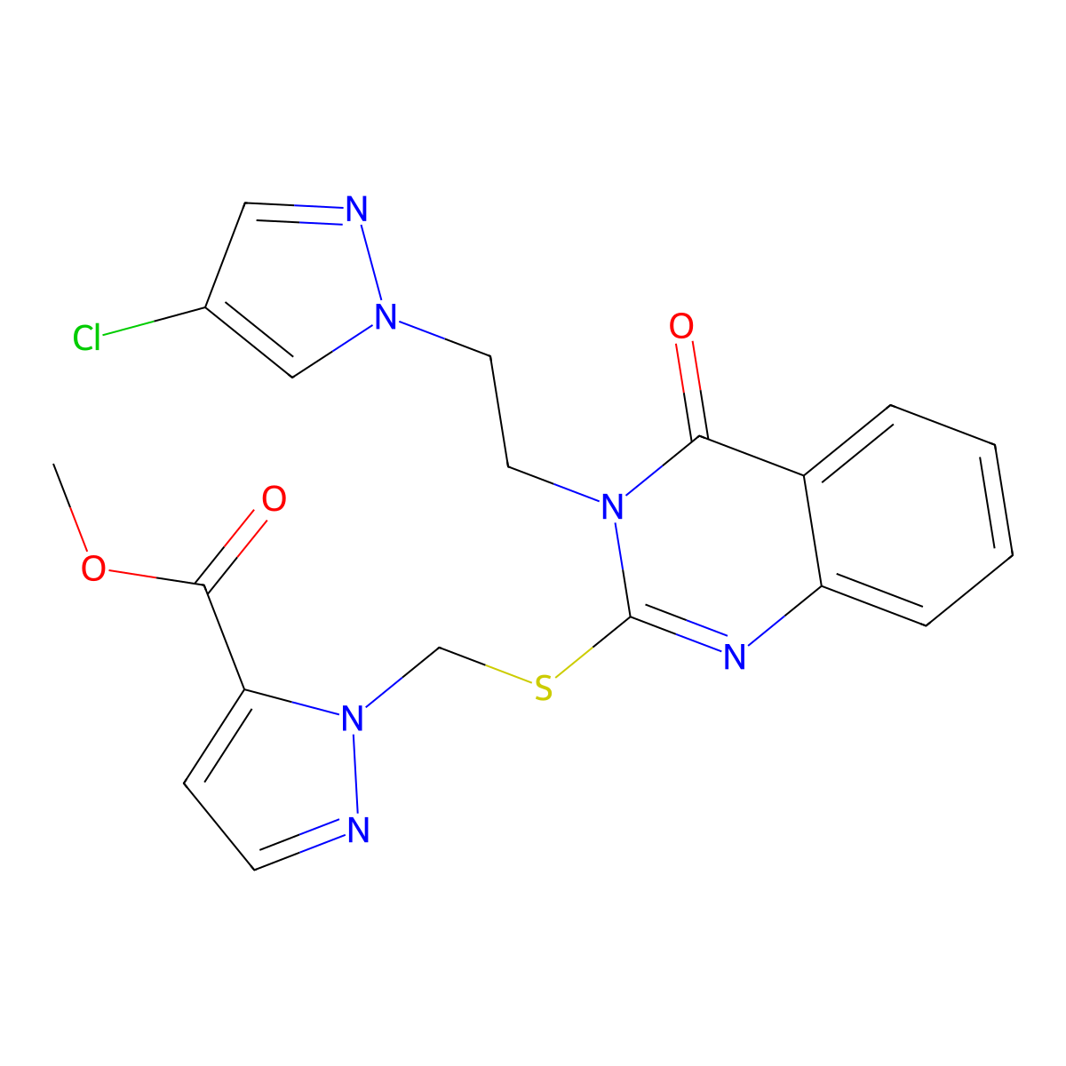 methyl 1-[({3-[2-(4-chloro-1H-pyrazol-1-yl)ethyl]-4-oxo-3,4-dihydroquinazolin-2-yl}sulfanyl)methyl]-1H-pyrazole-5-carboxylate molecular structure, CAS 1005636-70-3