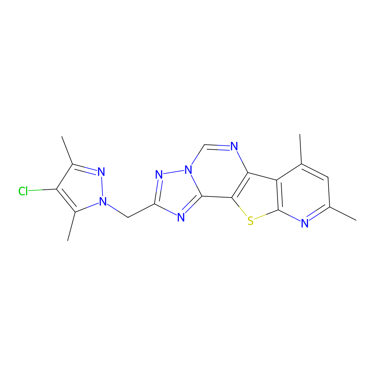 2-[(4-chloro-3,5-dimethyl-1H-pyrazol-1-yl)methyl]-7,9-dimethylpyrido[3',2':4,5]thieno[2,3-e][1,2,4]triazolo[1,5-c]pyrimidine molecular structure, CAS 1005636-85-0