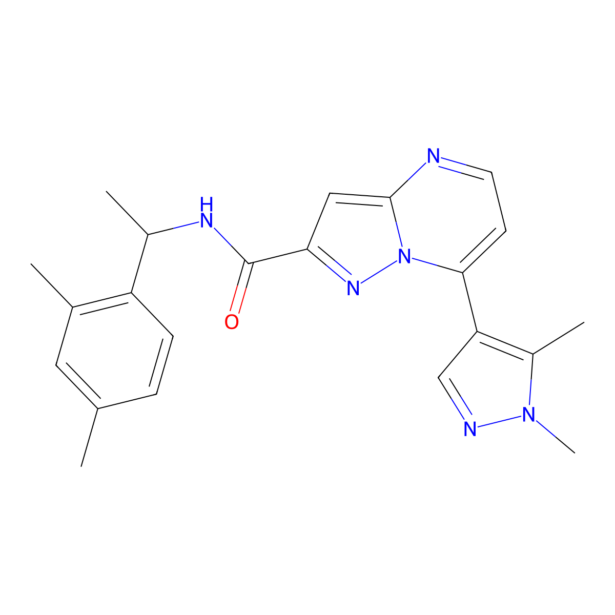 N-[1-(2,4-dimethylphenyl)ethyl]-7-(1,5-dimethylpyrazol-4-yl)pyrazolo[1,5-a]pyrimidine-2-carboxamide molecular structure, CAS 1005637-23-9