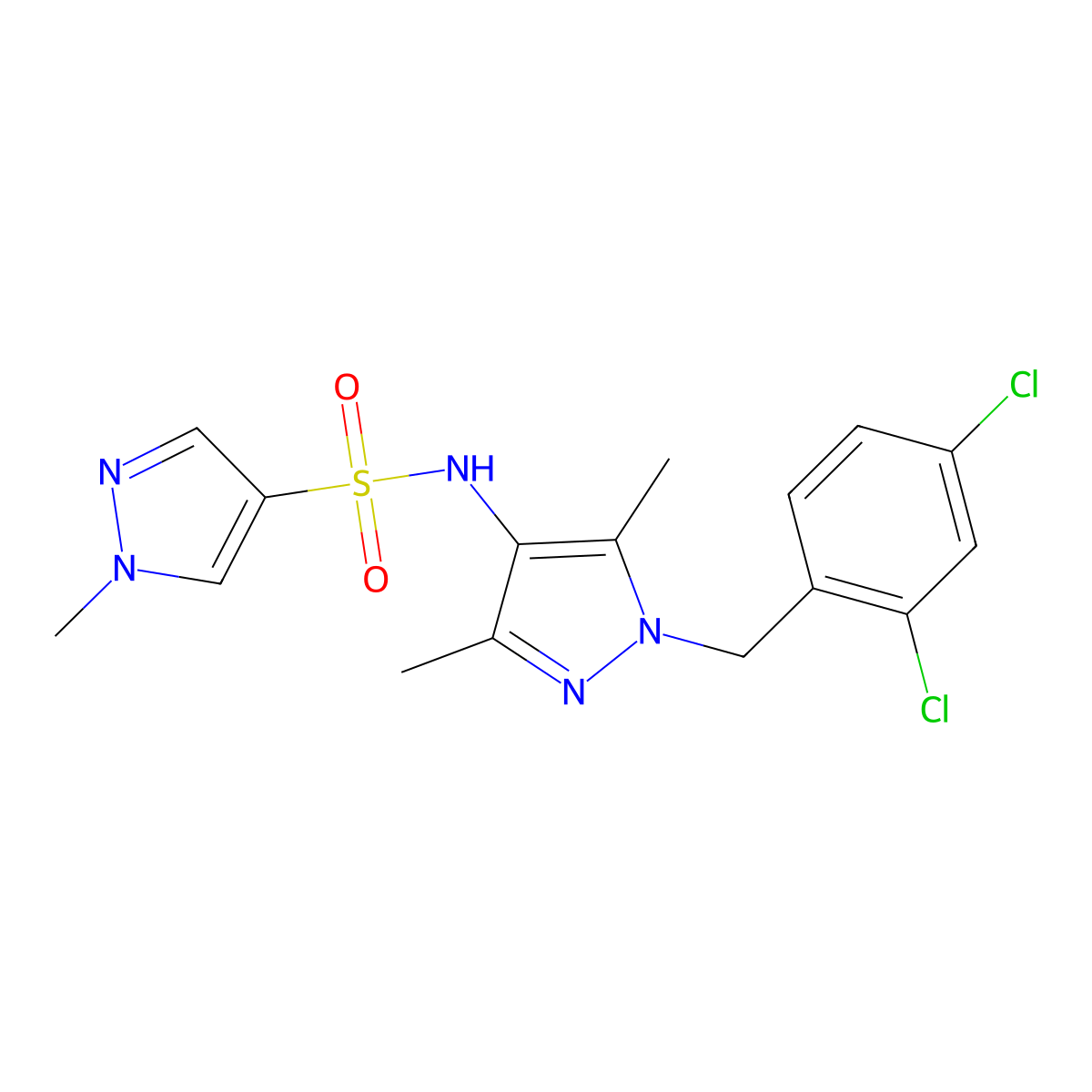 N-[1-(2,4-dichlorobenzyl)-3,5-dimethyl-1H-pyrazol-4-yl]-1-methyl-1H-pyrazole-4-sulfonamide molecular structure, CAS 1005637-37-5
