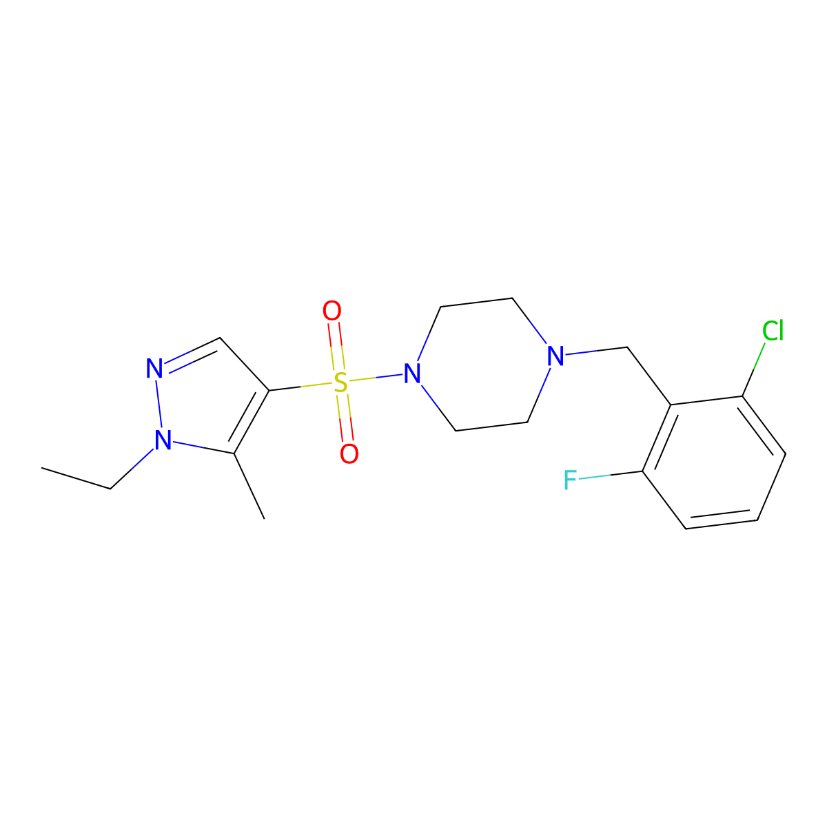 1-(2-chloro-6-fluorobenzyl)-4-[(1-ethyl-5-methyl-1H-pyrazol-4-yl)sulfonyl]piperazine molecular structure, CAS 1005637-59-1