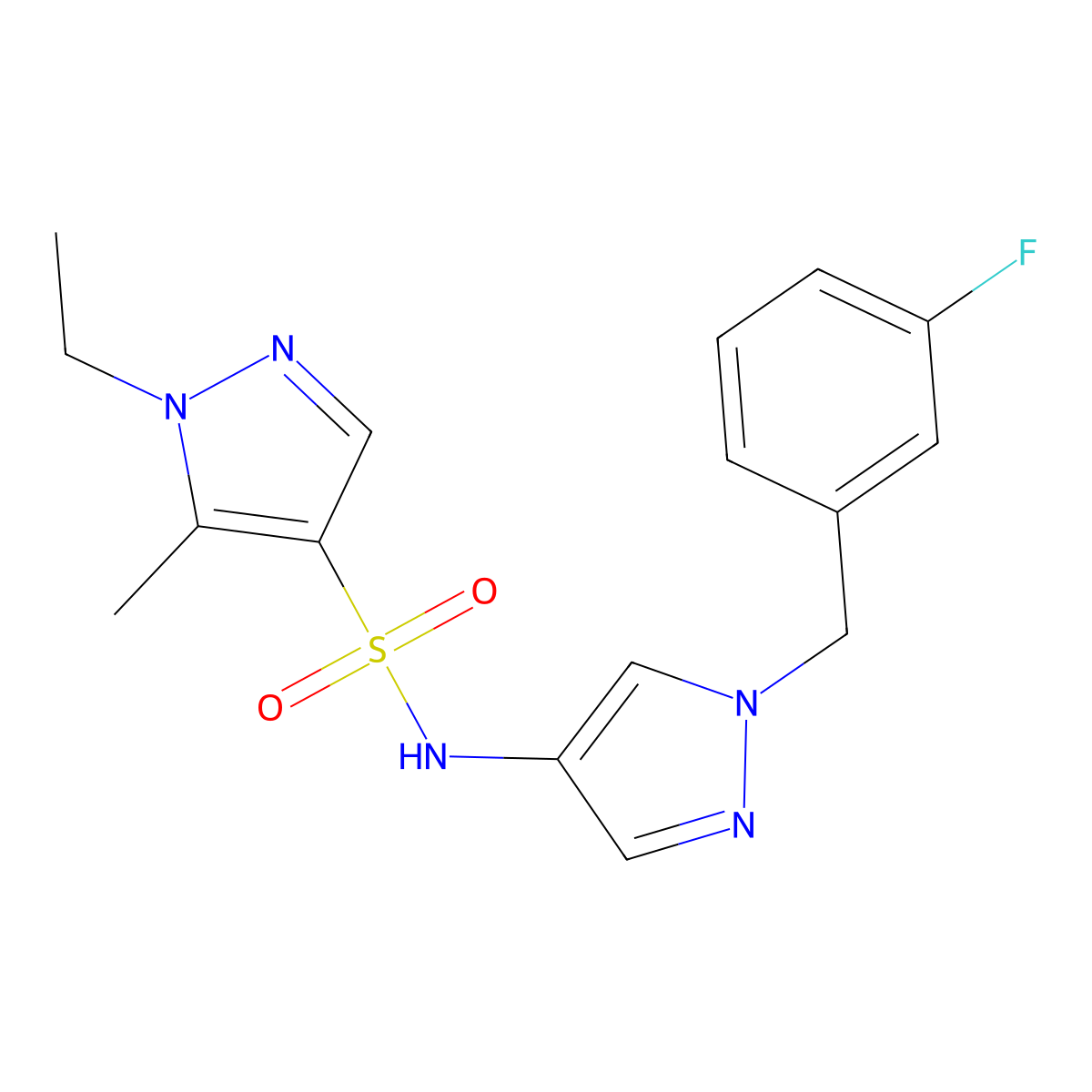 1-ethyl-N-[1-(3-fluorobenzyl)-1H-pyrazol-4-yl]-5-methyl-1H-pyrazole-4-sulfonamide molecular structure, CAS 1005637-66-0