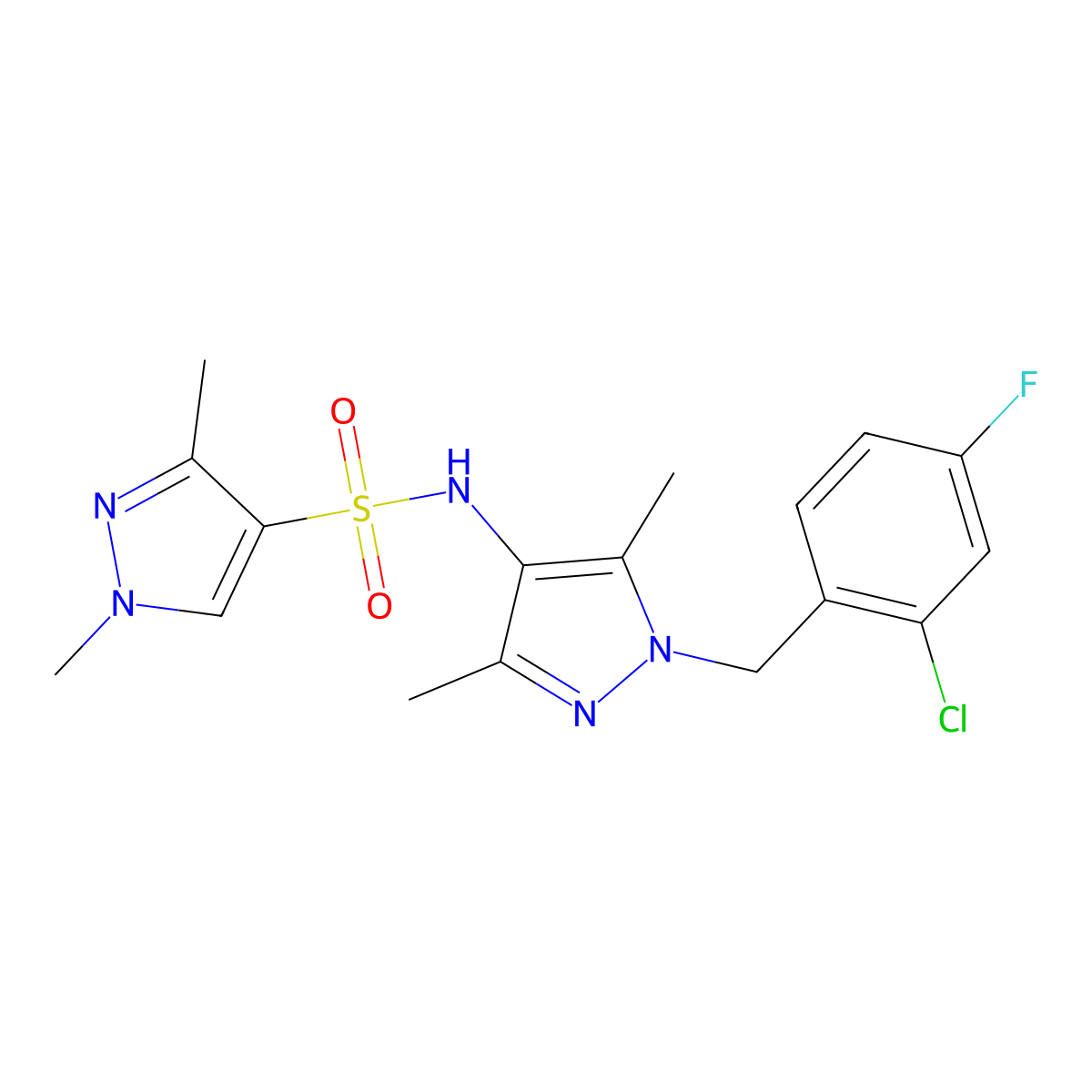 N-[1-(2-chloro-4-fluorobenzyl)-3,5-dimethyl-1H-pyrazol-4-yl]-1,3-dimethyl-1H-pyrazole-4-sulfonamide molecular structure, CAS 1005637-80-8