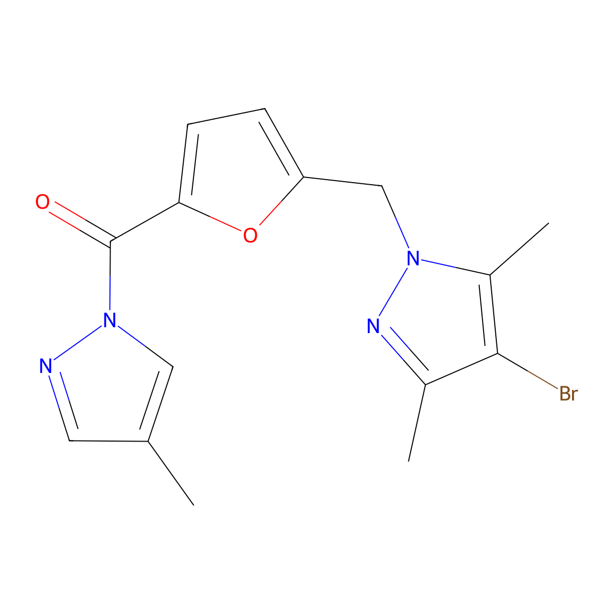 [5-[(4-Bromo-3,5-dimethylpyrazol-1-yl)methyl]furan-2-yl]-(4-methylpyrazol-1-yl)methanone molecular structure, CAS 1005637-87-5