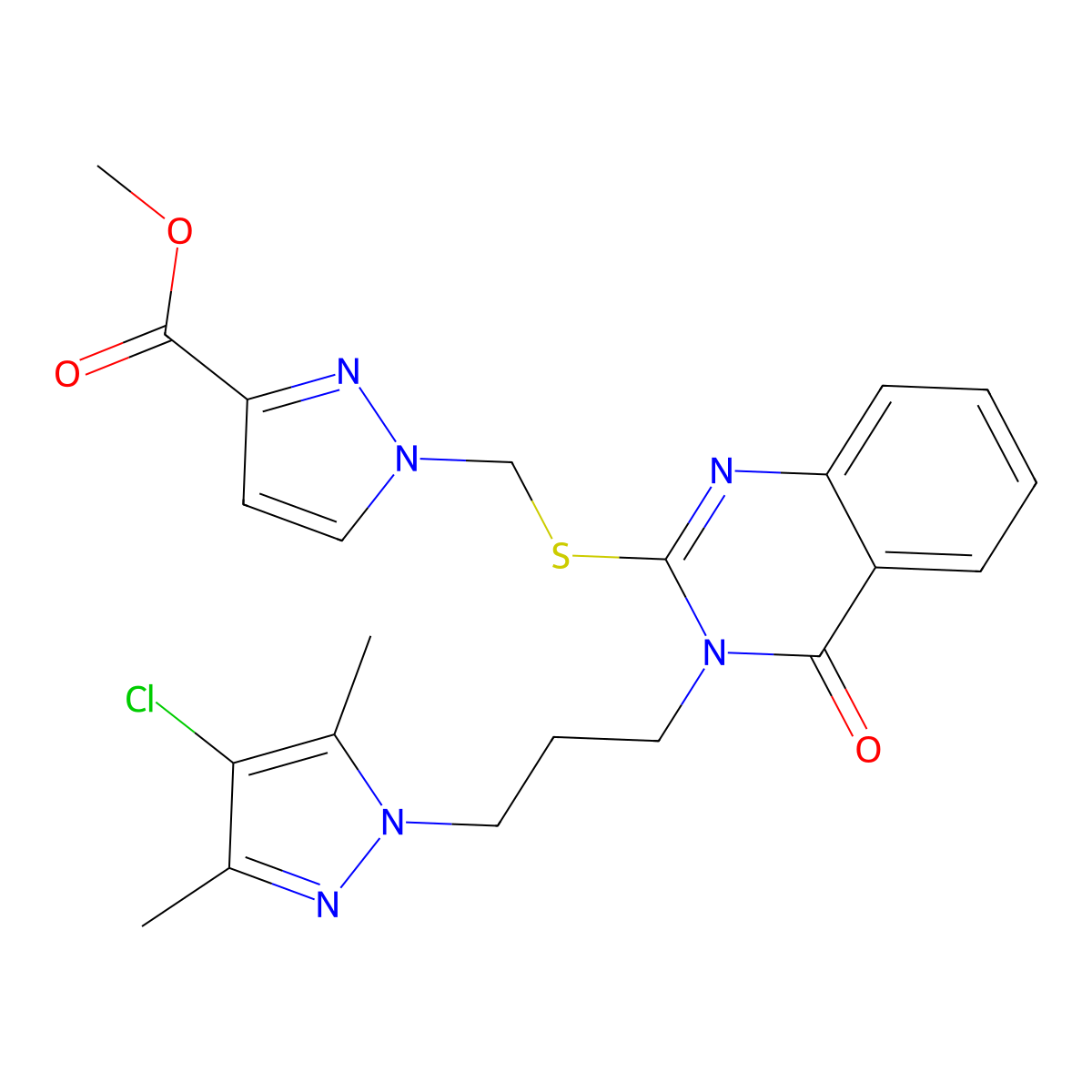 methyl 1-[({3-[3-(4-chloro-3,5-dimethyl-1H-pyrazol-1-yl)propyl]-4-oxo-3,4-dihydroquinazolin-2-yl}sulfanyl)methyl]-1H-pyrazole-3-carboxylate molecular structure, CAS 1005637-94-4