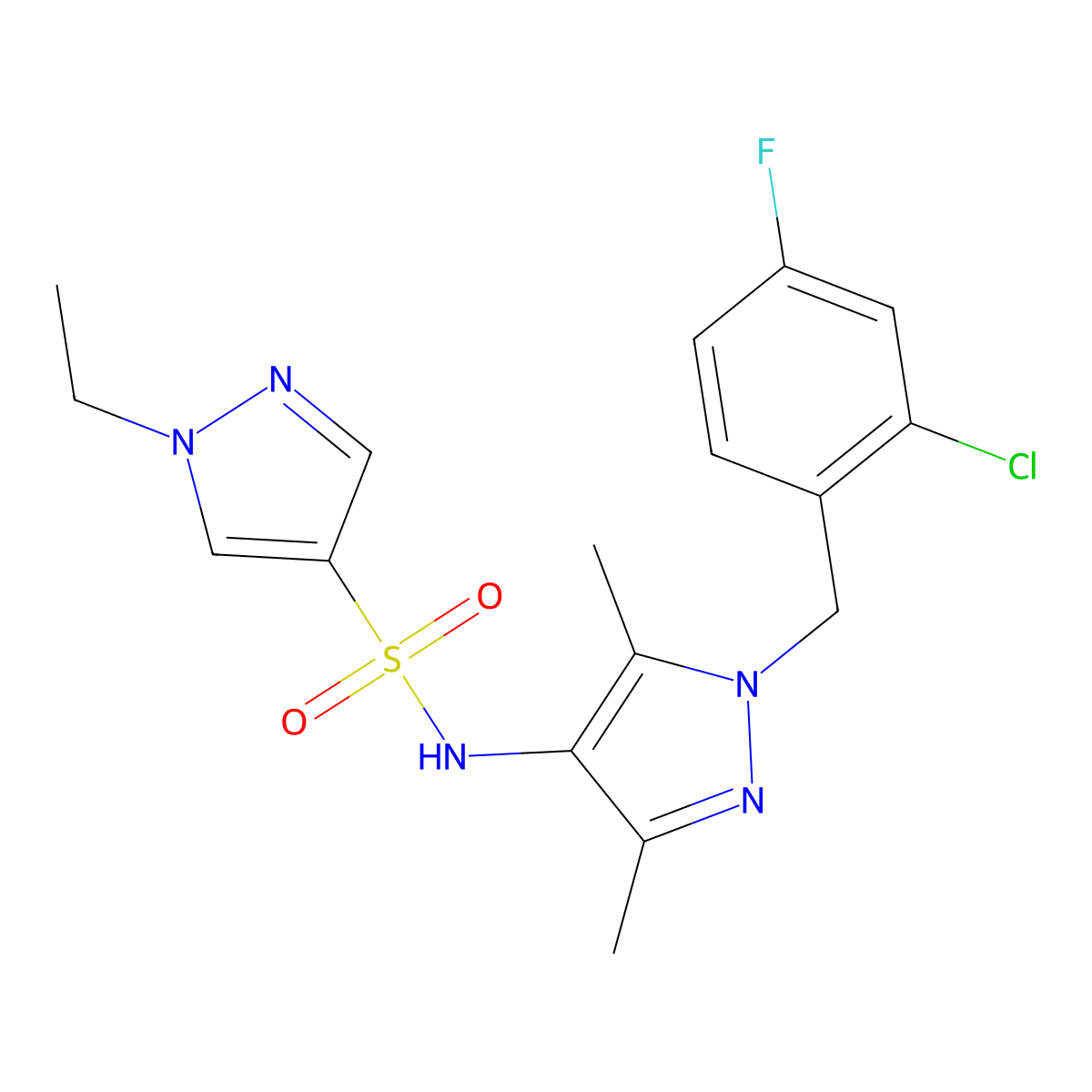 N-[1-(2-chloro-4-fluorobenzyl)-3,5-dimethyl-1H-pyrazol-4-yl]-1-ethyl-1H-pyrazole-4-sulfonamide molecular structure, CAS 1005638-43-6