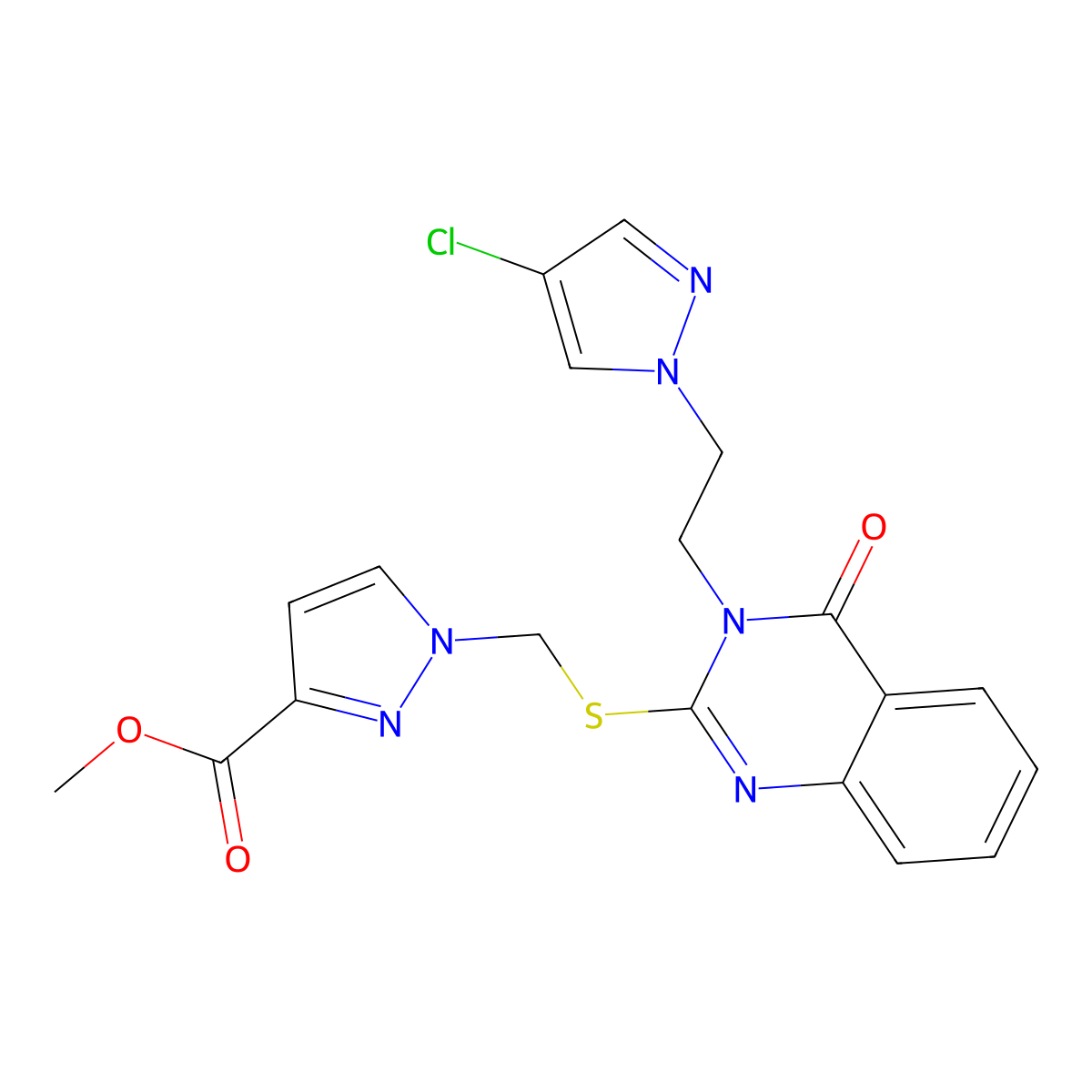 methyl 1-[({3-[2-(4-chloro-1H-pyrazol-1-yl)ethyl]-4-oxo-3,4-dihydroquinazolin-2-yl}sulfanyl)methyl]-1H-pyrazole-3-carboxylate molecular structure, CAS 1005638-49-2