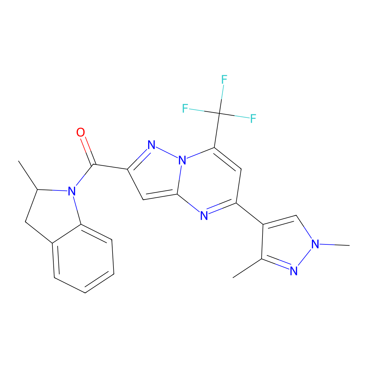 [5-(1,3-Dimethylpyrazol-4-yl)-7-(trifluoromethyl)pyrazolo[1,5-a]pyrimidin-2-yl]-(2-methyl-2,3-dihydroindol-1-yl)methanone molecular structure, CAS 1005638-50-5