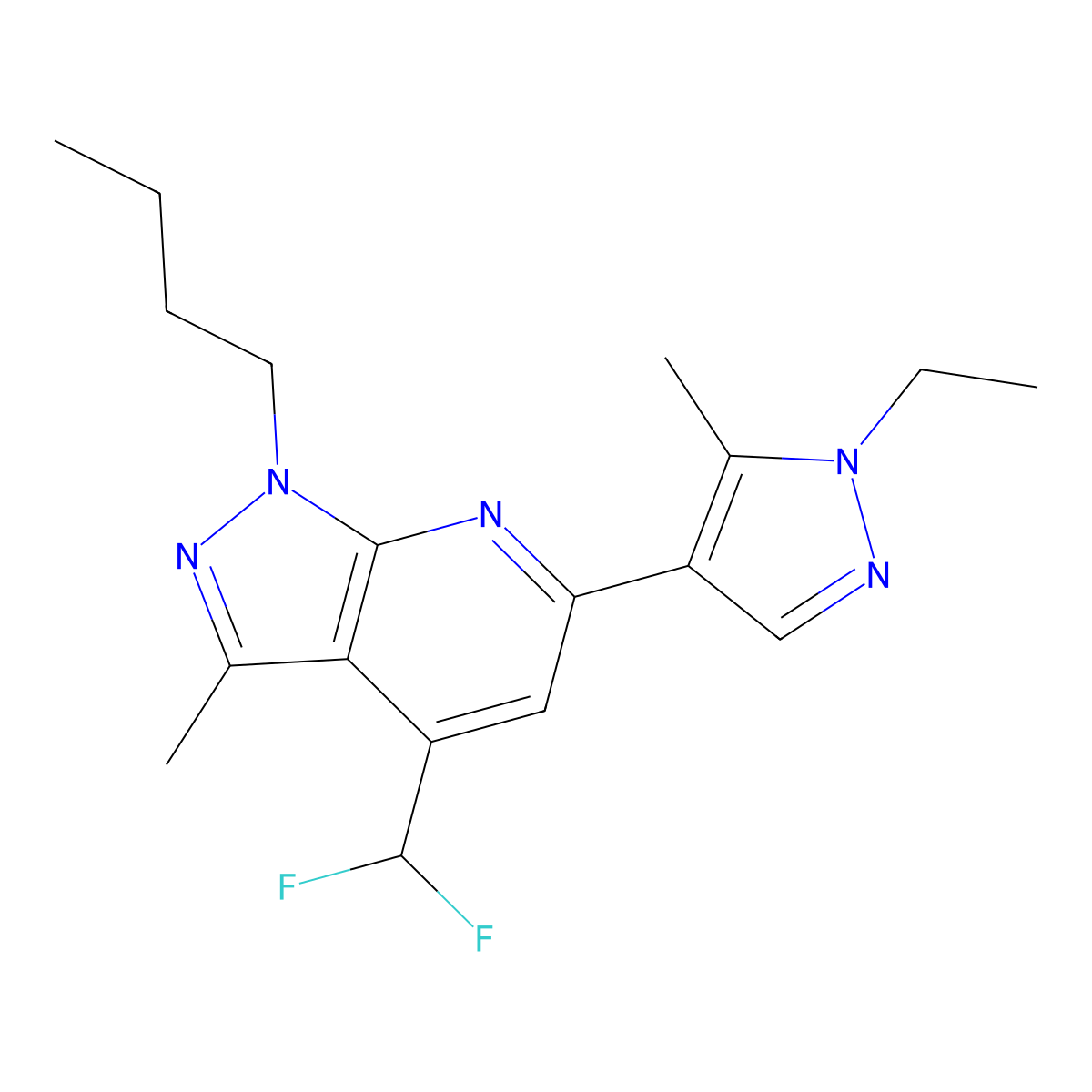 1-butyl-4-(difluoromethyl)-6-(1-ethyl-5-methyl-1H-pyrazol-4-yl)-3-methyl-1H-pyrazolo[3,4-b]pyridine molecular structure, CAS 1005639-22-4
