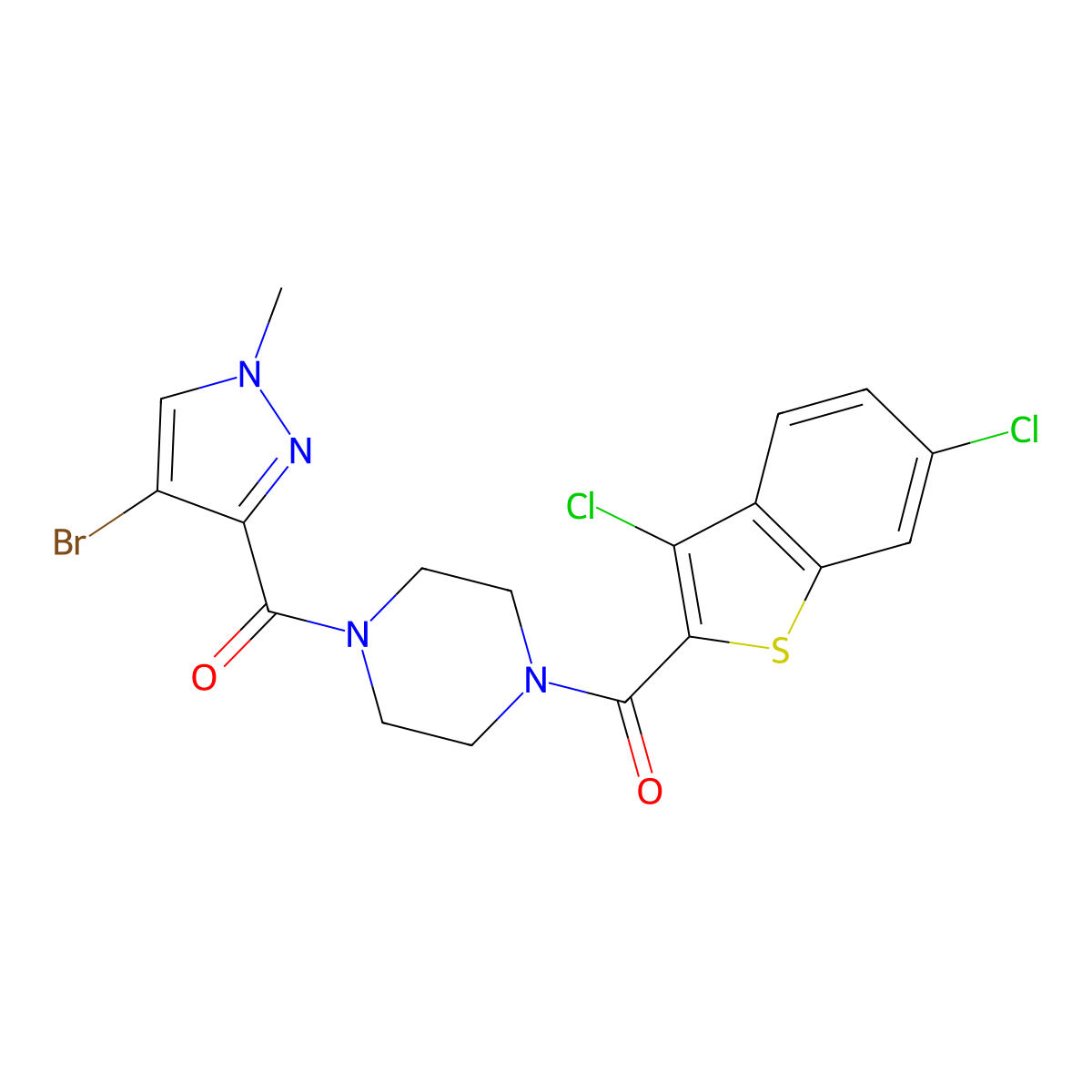 [4-(4-Bromo-1-methylpyrazole-3-carbonyl)piperazin-1-yl]-(3,6-dichloro-1-benzothiophen-2-yl)methanone molecular structure, CAS 1005639-26-8