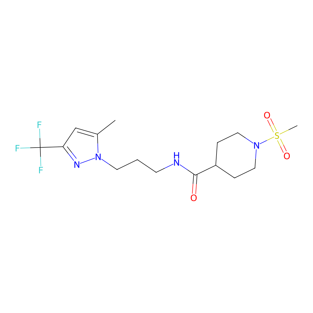 1-(methylsulfonyl)-N-{3-[5-methyl-3-(trifluoromethyl)-1H-pyrazol-1-yl]propyl}piperidine-4-carboxamide molecular structure, CAS 1005639-49-5