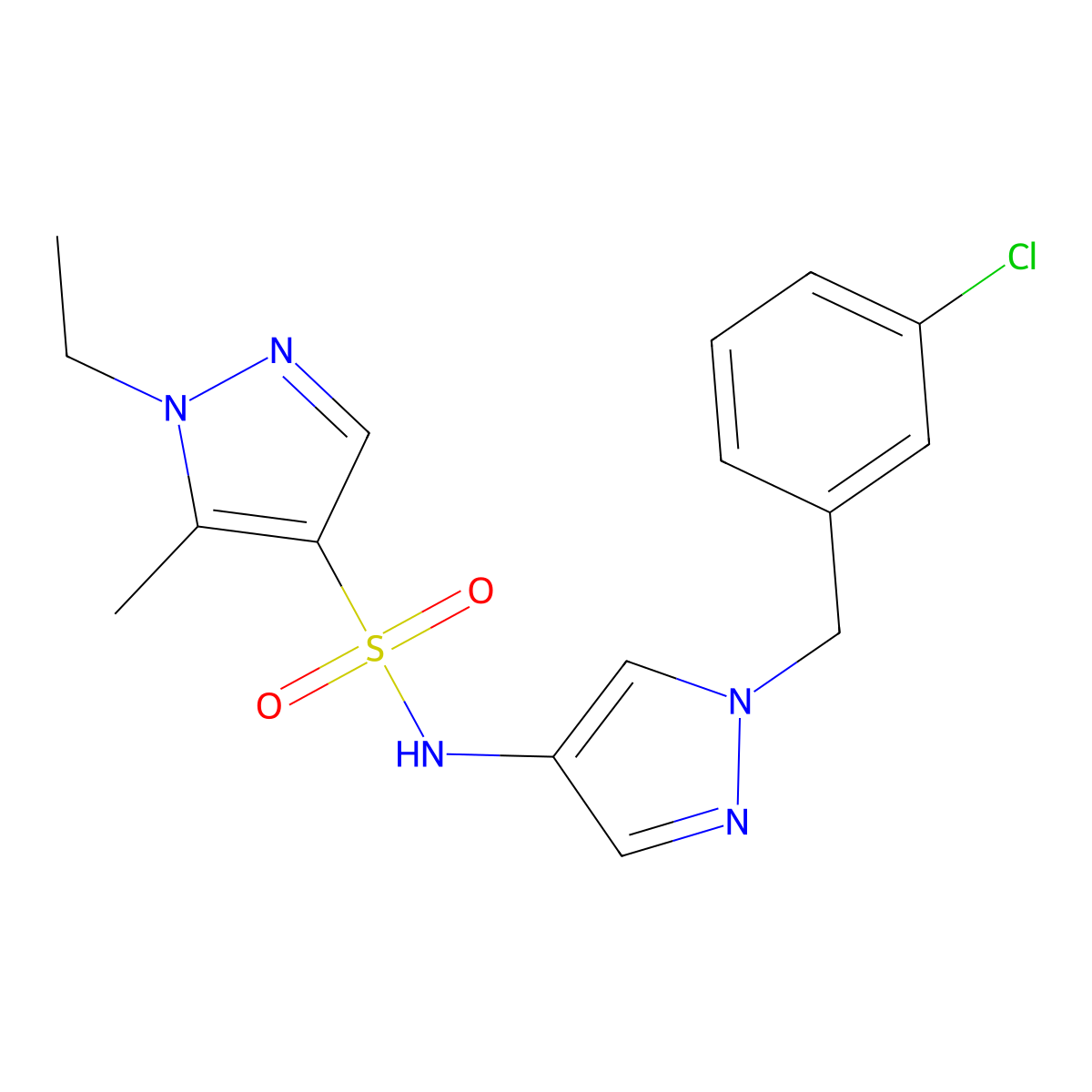 N-[1-(3-chlorobenzyl)-1H-pyrazol-4-yl]-1-ethyl-5-methyl-1H-pyrazole-4-sulfonamide molecular structure, CAS 1005639-76-8