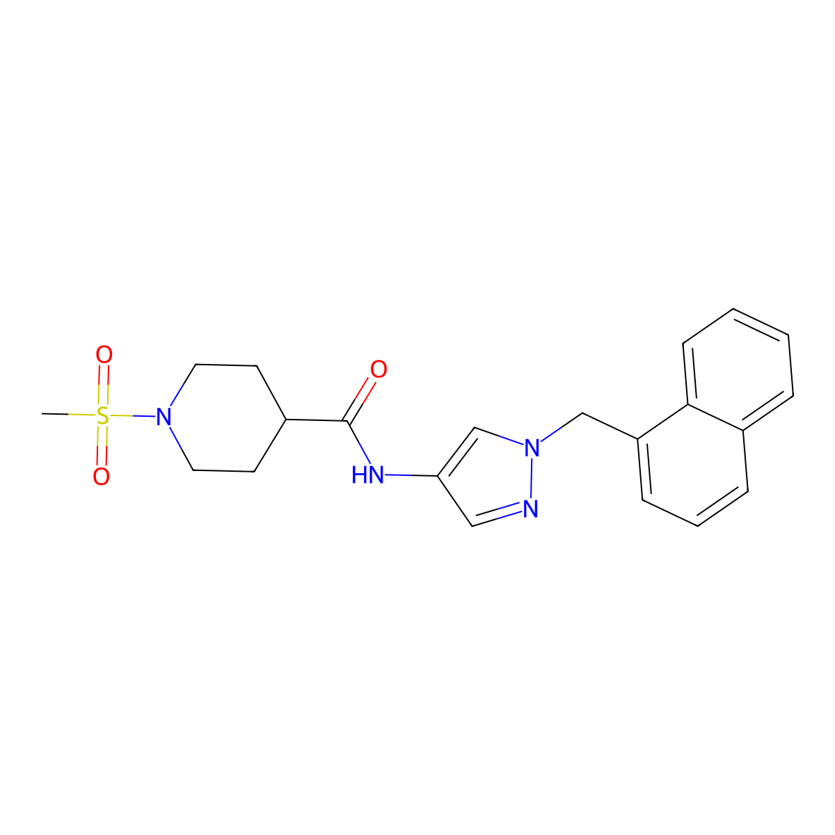 1-(methylsulfonyl)-N-[1-(naphthalen-1-ylmethyl)-1H-pyrazol-4-yl]piperidine-4-carboxamide molecular structure, CAS 1005639-90-6