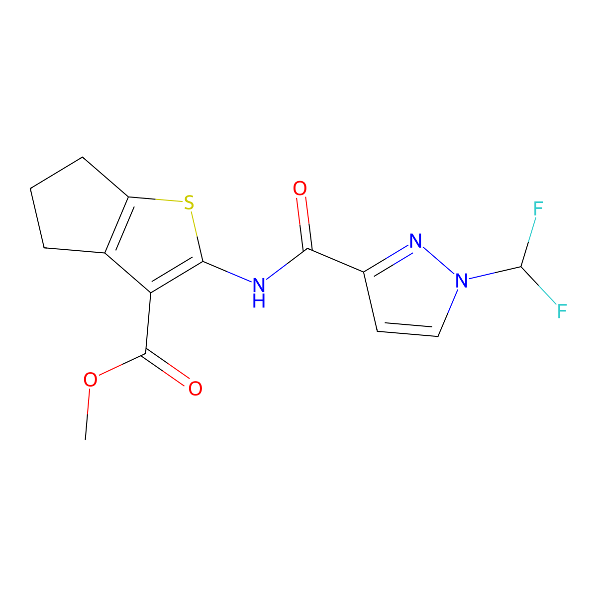 methyl 2-({[1-(difluoromethyl)-1H-pyrazol-3-yl]carbonyl}amino)-5,6-dihydro-4H-cyclopenta[b]thiophene-3-carboxylate molecular structure, CAS 1005639-94-0