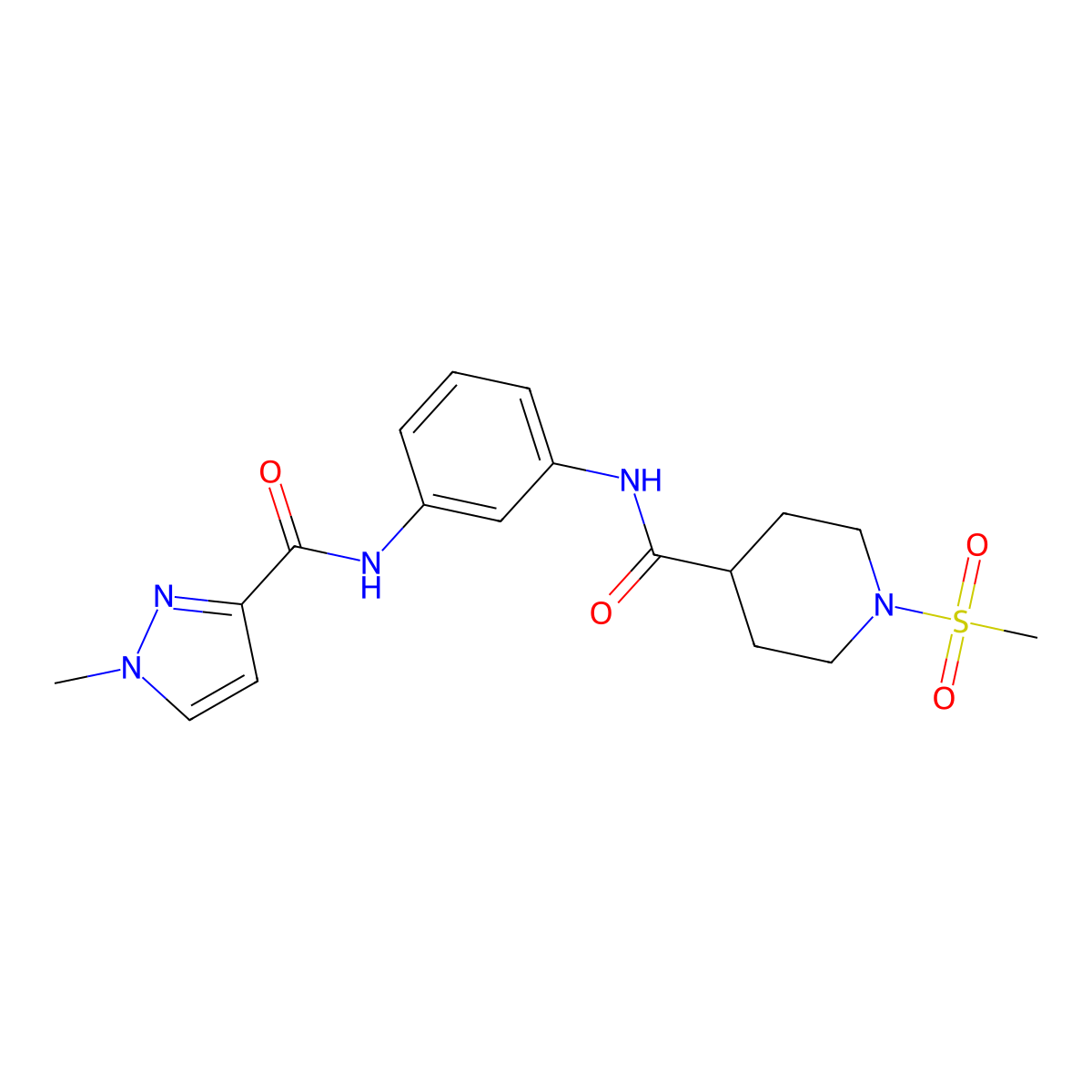 N-(3-{[(1-methyl-1H-pyrazol-3-yl)carbonyl]amino}phenyl)-1-(methylsulfonyl)piperidine-4-carboxamide molecular structure, CAS 1005640-06-1