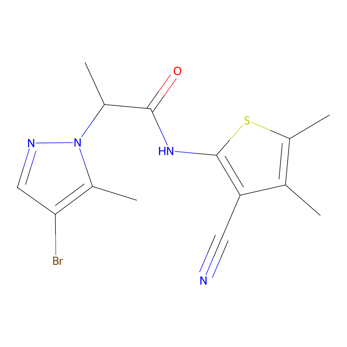2-(4-bromo-5-methyl-1H-pyrazol-1-yl)-N-(3-cyano-4,5-dimethylthiophen-2-yl)propanamide molecular structure, CAS 1005640-18-5