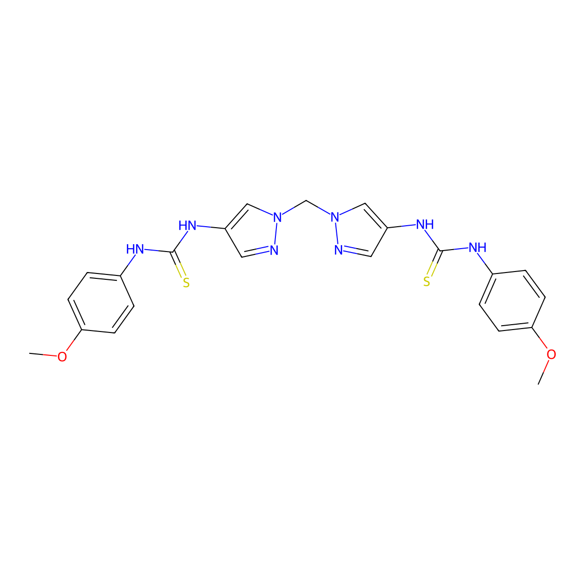 1,1'-[methanediylbis(1H-pyrazole-1,4-diyl)]bis[3-(4-methoxyphenyl)(thiourea)] molecular structure, CAS 1005640-49-2