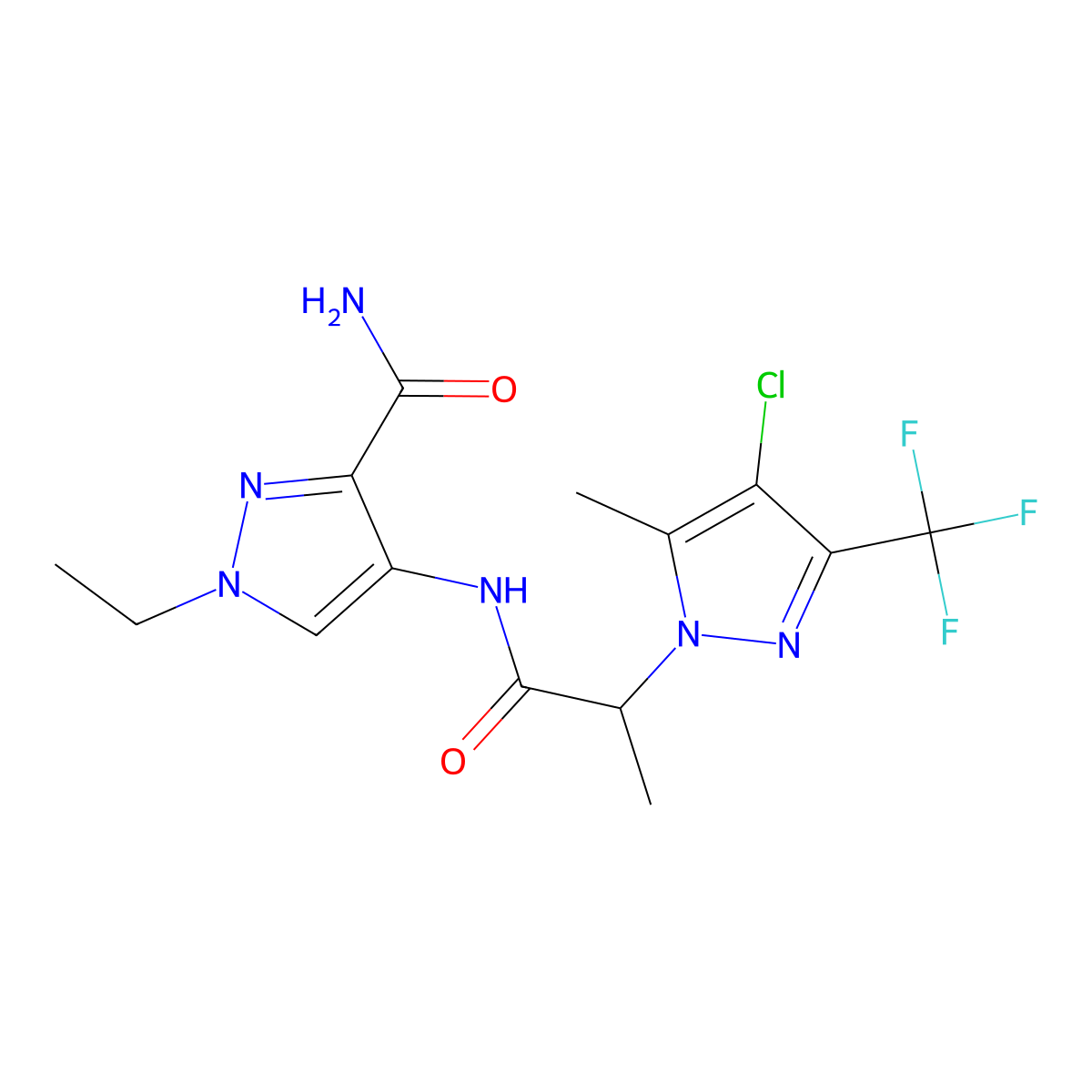 4-({2-[4-chloro-5-methyl-3-(trifluoromethyl)-1H-pyrazol-1-yl]propanoyl}amino)-1-ethyl-1H-pyrazole-3-carboxamide molecular structure, CAS 1005640-68-5