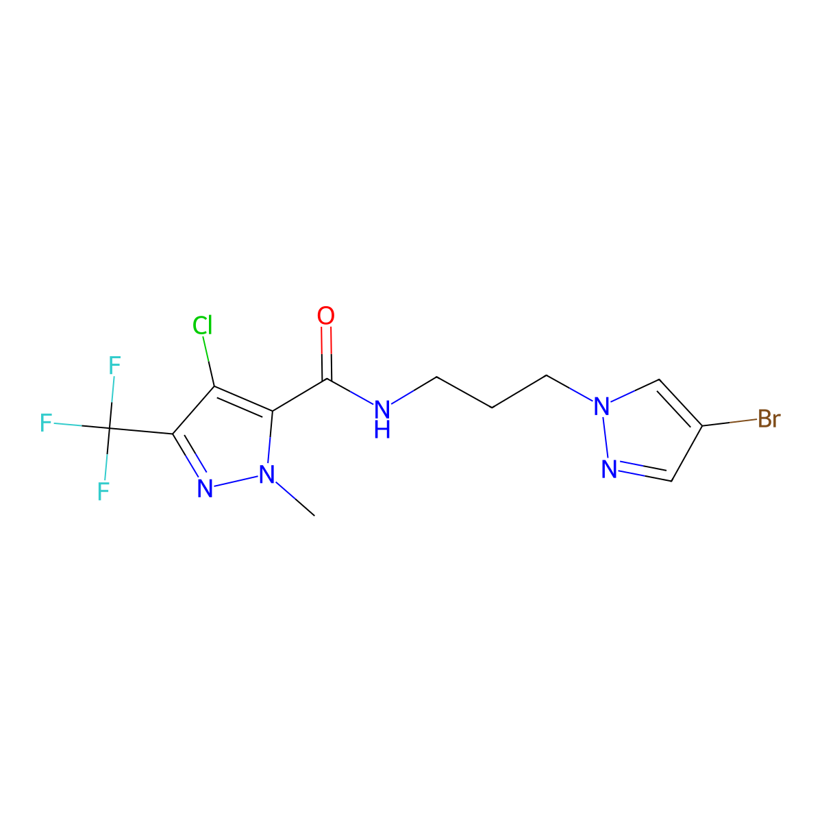 N-[3-(4-bromo-1H-pyrazol-1-yl)propyl]-4-chloro-1-methyl-3-(trifluoromethyl)-1H-pyrazole-5-carboxamide molecular structure, CAS 1005640-75-4