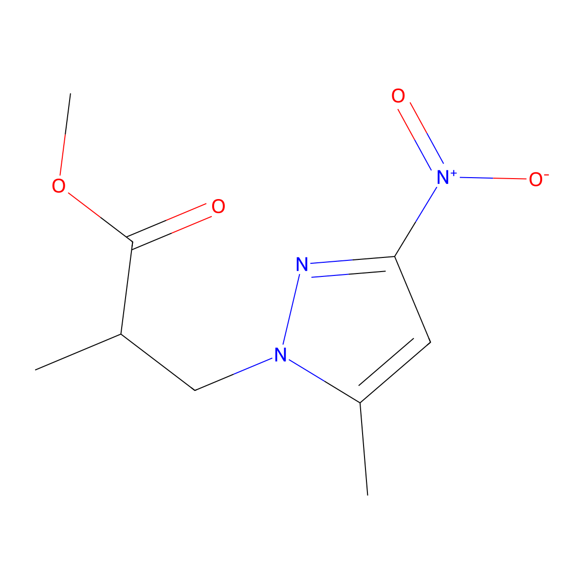 methyl 2-methyl-3-(5-methyl-3-nitro-1H-pyrazol-1-yl)propanoate molecular structure, CAS 1005641-08-6