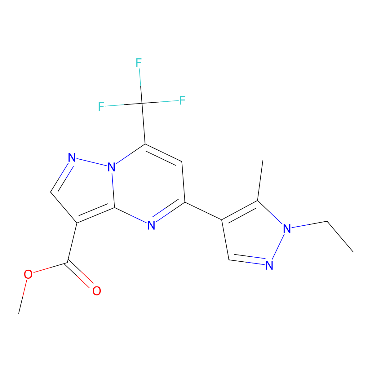 Methyl 5-(1-ethyl-5-methyl-1H-pyrazol-4-yl)-7-(trifluoromethyl)pyrazolo[1,5-a]pyrimidine-3-carboxylate molecular structure, CAS 1005641-09-7