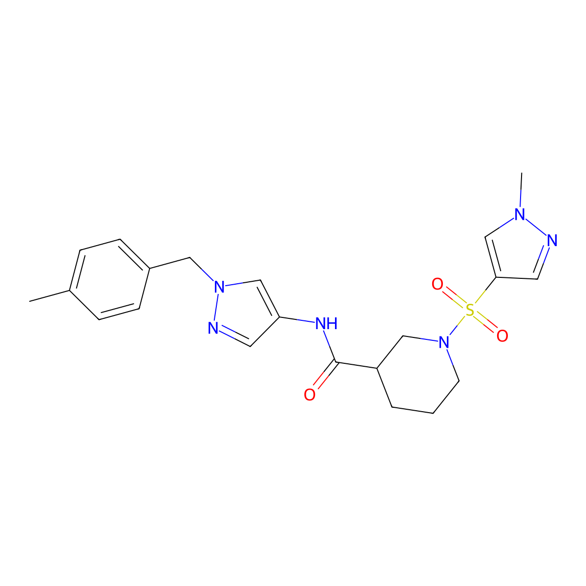 N-[1-(4-methylbenzyl)-1H-pyrazol-4-yl]-1-[(1-methyl-1H-pyrazol-4-yl)sulfonyl]piperidine-3-carboxamide molecular structure, CAS 1005641-61-1