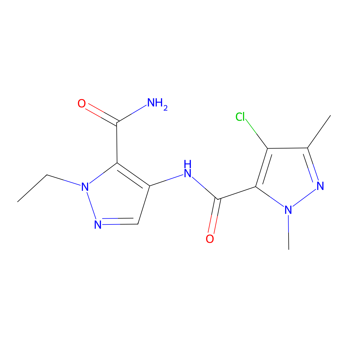 N-(5-carbamoyl-1-ethylpyrazol-4-yl)-4-chloro-2,5-dimethylpyrazole-3-carboxamide molecular structure, CAS 1005641-63-3