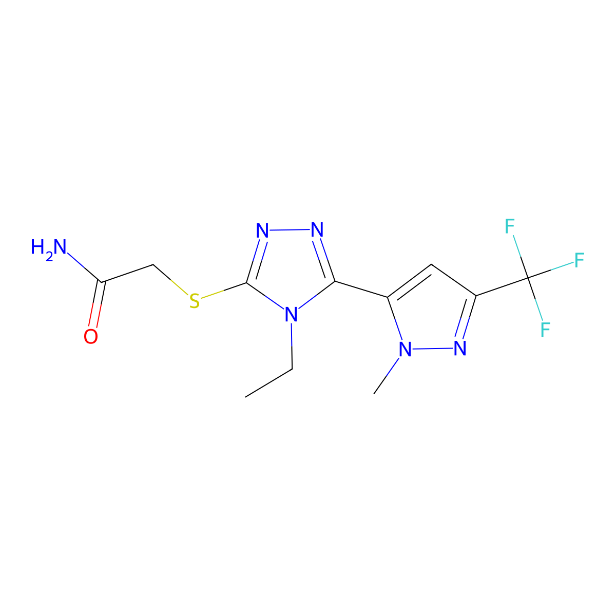 2-[[4-Ethyl-5-[2-methyl-5-(trifluoromethyl)pyrazol-3-yl]-1,2,4-triazol-3-yl]sulfanyl]acetamide molecular structure, CAS 1005641-91-7
