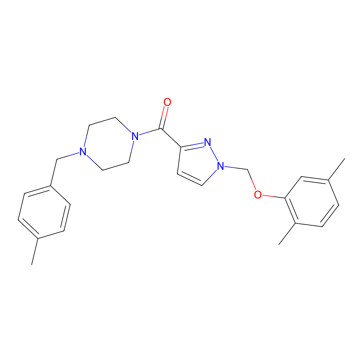 [1-[(2,5-Dimethylphenoxy)methyl]pyrazol-3-yl]-[4-[(4-methylphenyl)methyl]piperazin-1-yl]methanone molecular structure, CAS 1005642-82-9
