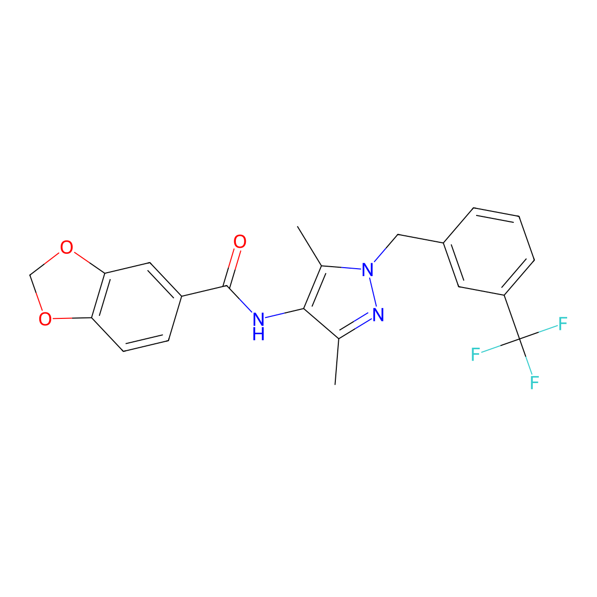 N-[3,5-dimethyl-1-[[3-(trifluoromethyl)phenyl]methyl]pyrazol-4-yl]-1,3-benzodioxole-5-carboxamide molecular structure, CAS 1005643-84-4