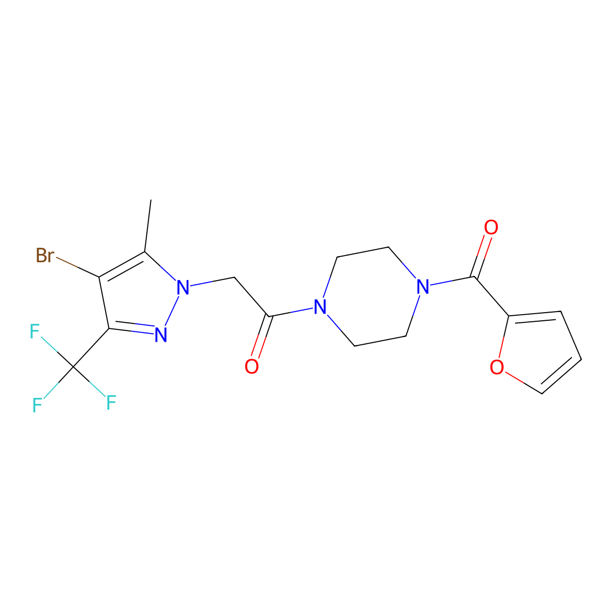 2-[4-Bromo-5-methyl-3-(trifluoromethyl)pyrazol-1-yl]-1-[4-(furan-2-carbonyl)piperazin-1-yl]ethanone molecular structure, CAS 1005644-19-8